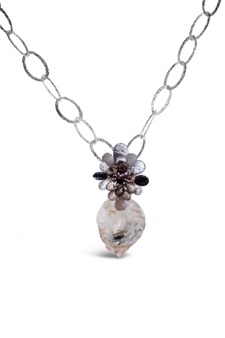 Druzy Pendant and Gemstone Necklace, by Andrea Li