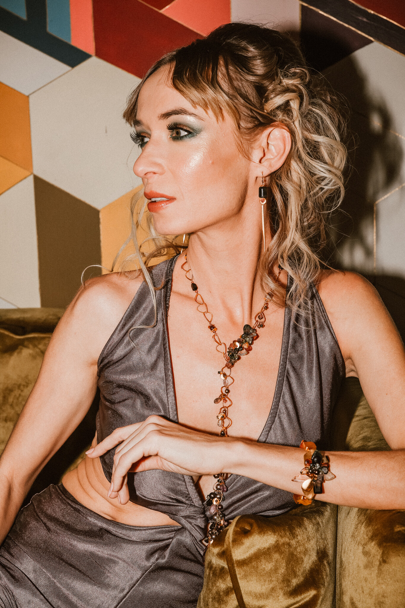 model wearing Long Tourmaline and Gemstone Necklace 