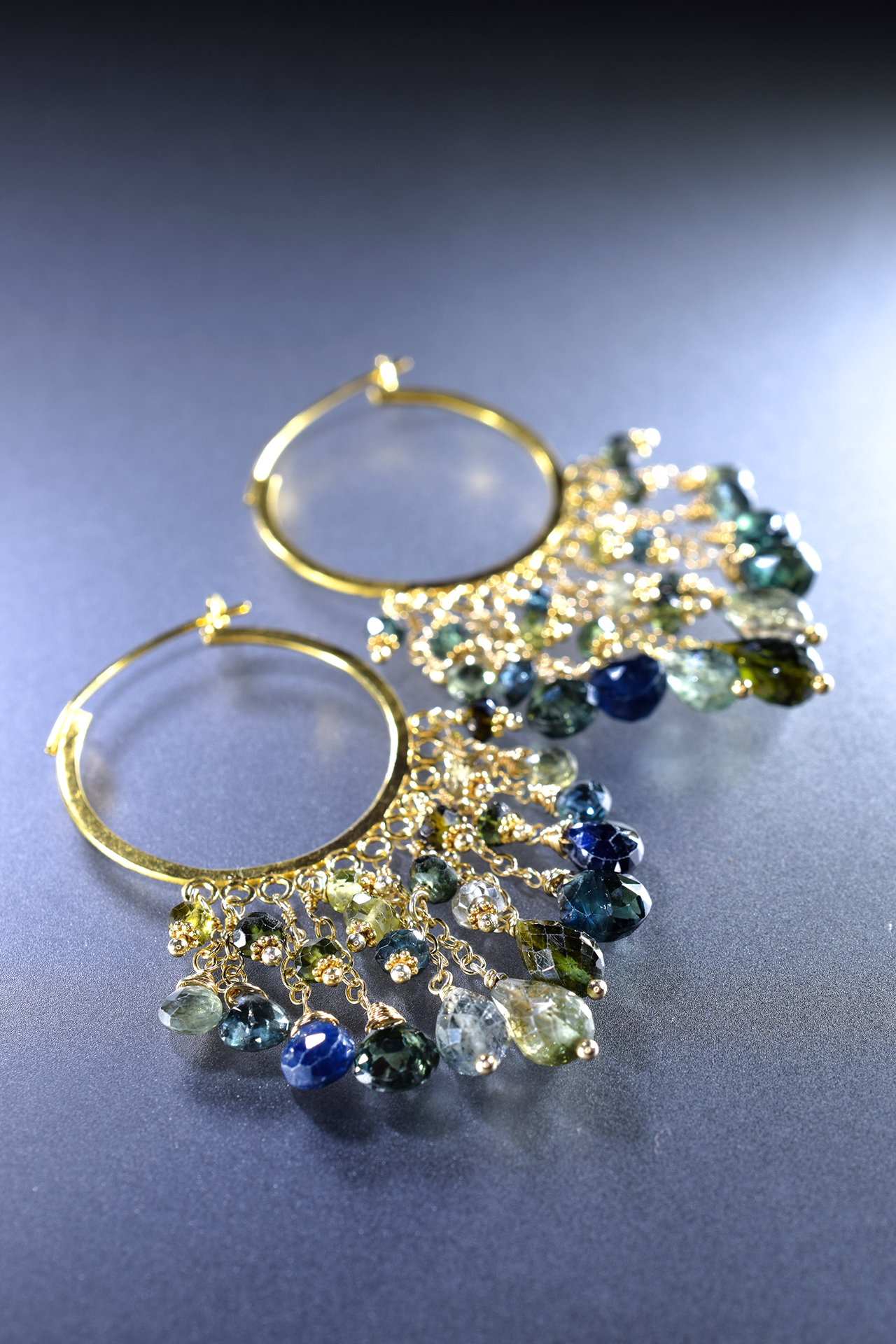 Tourmaline and Solid 18k Hoop Chandelier Earrings