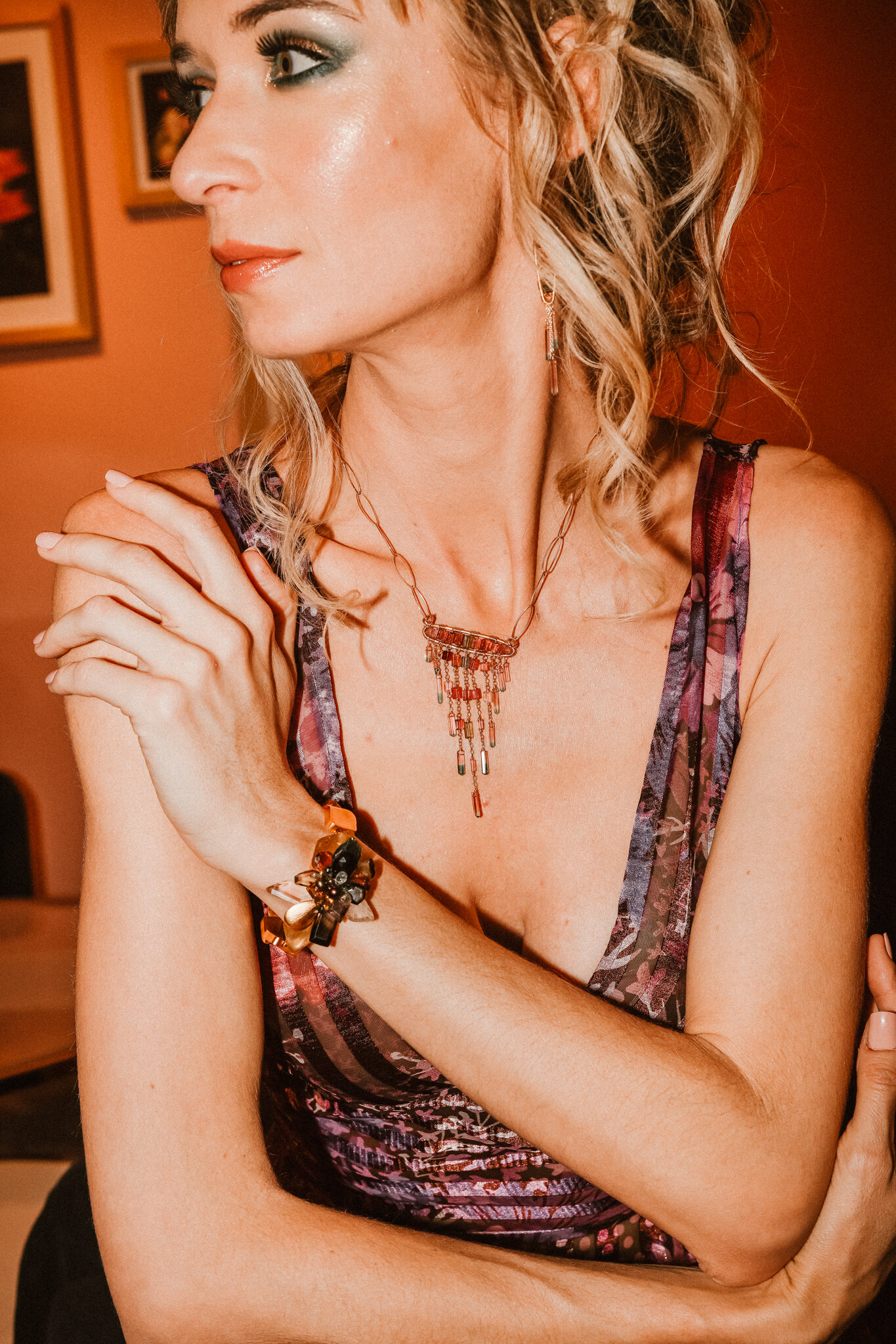 model wearing Gold Link and Tourmaline Bracelet