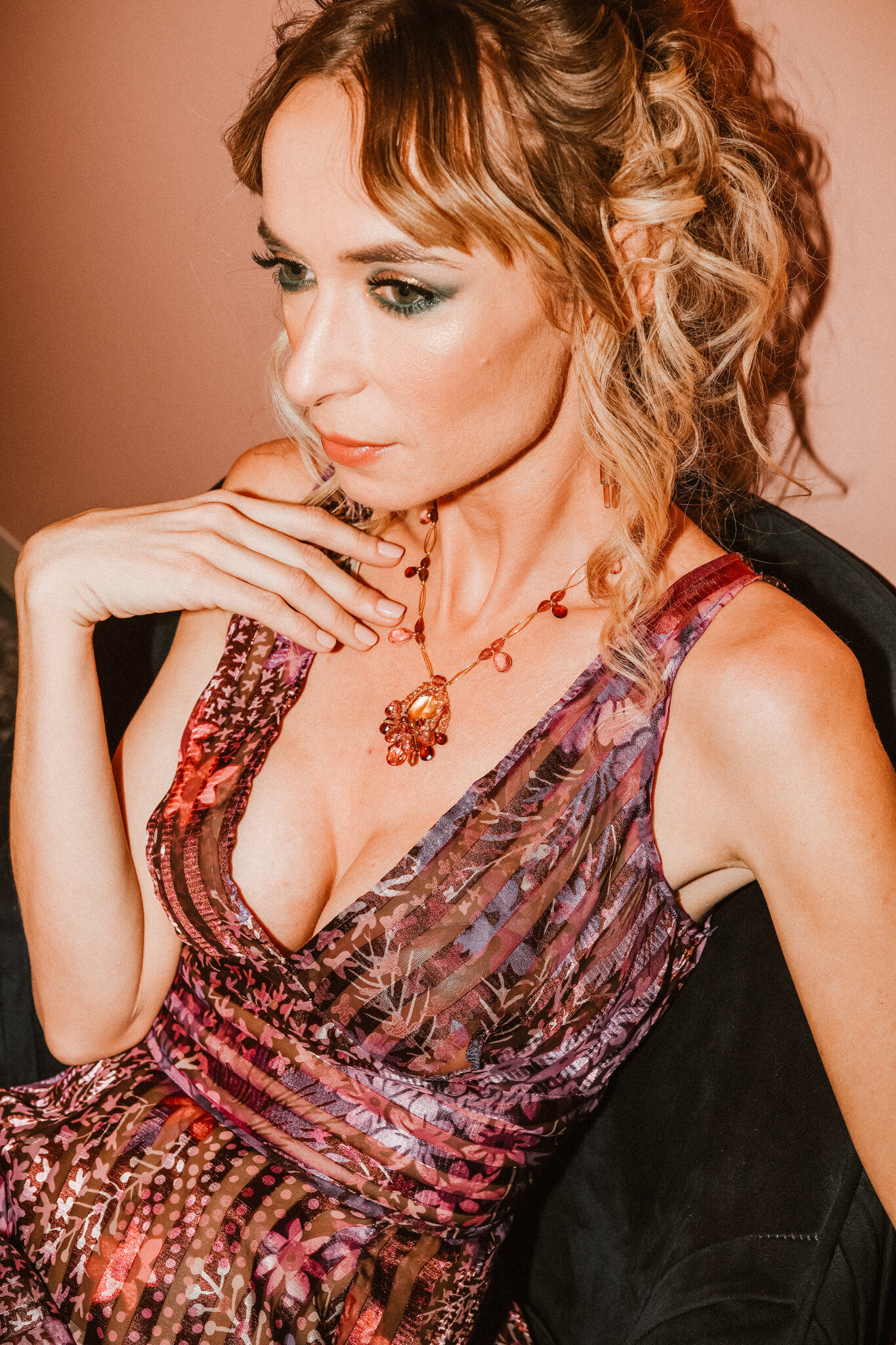 model wearing a Pink Topaz and Gemstone Pendant Necklace