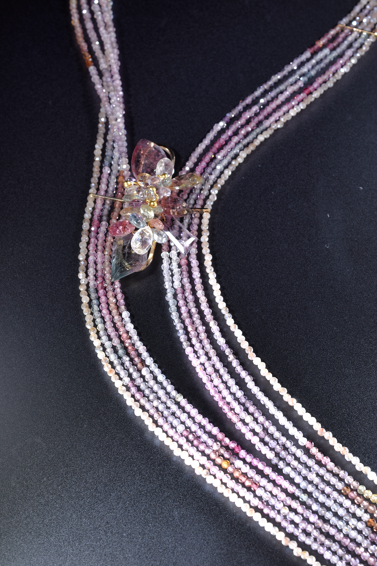 Five Strand Double Tassel Spinel and Gemstone Necklace
