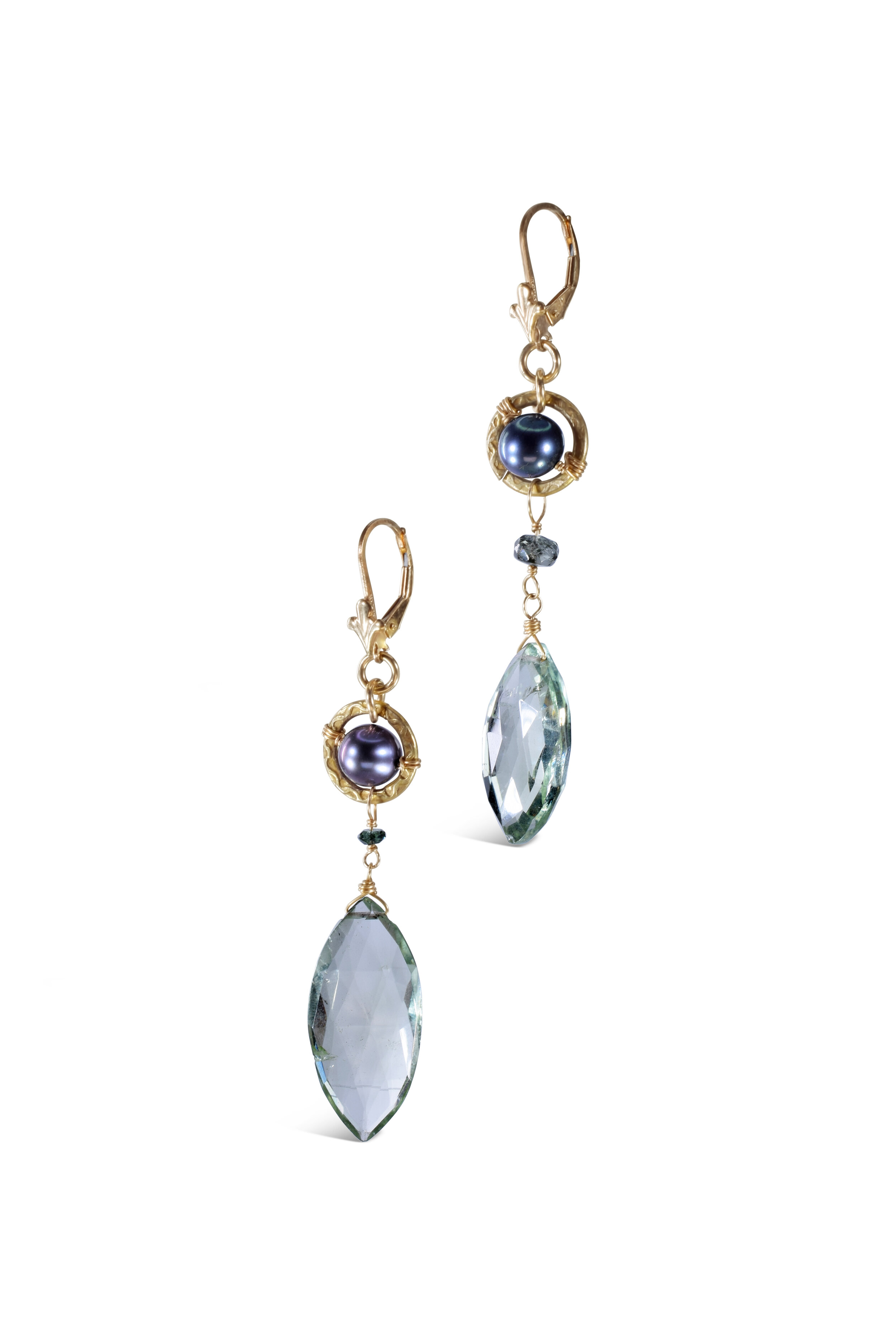 Marquis Green Amethyst and Peacock Pearl Earrings