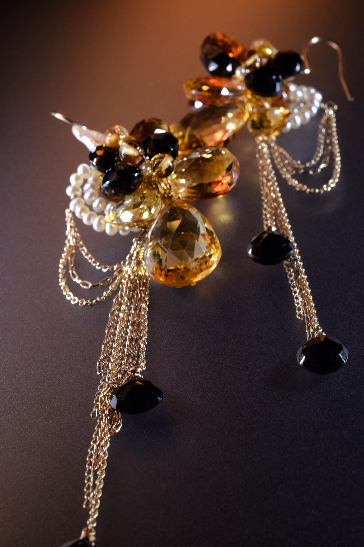 Citrine and Black Spinel with 14k Gold Earrings