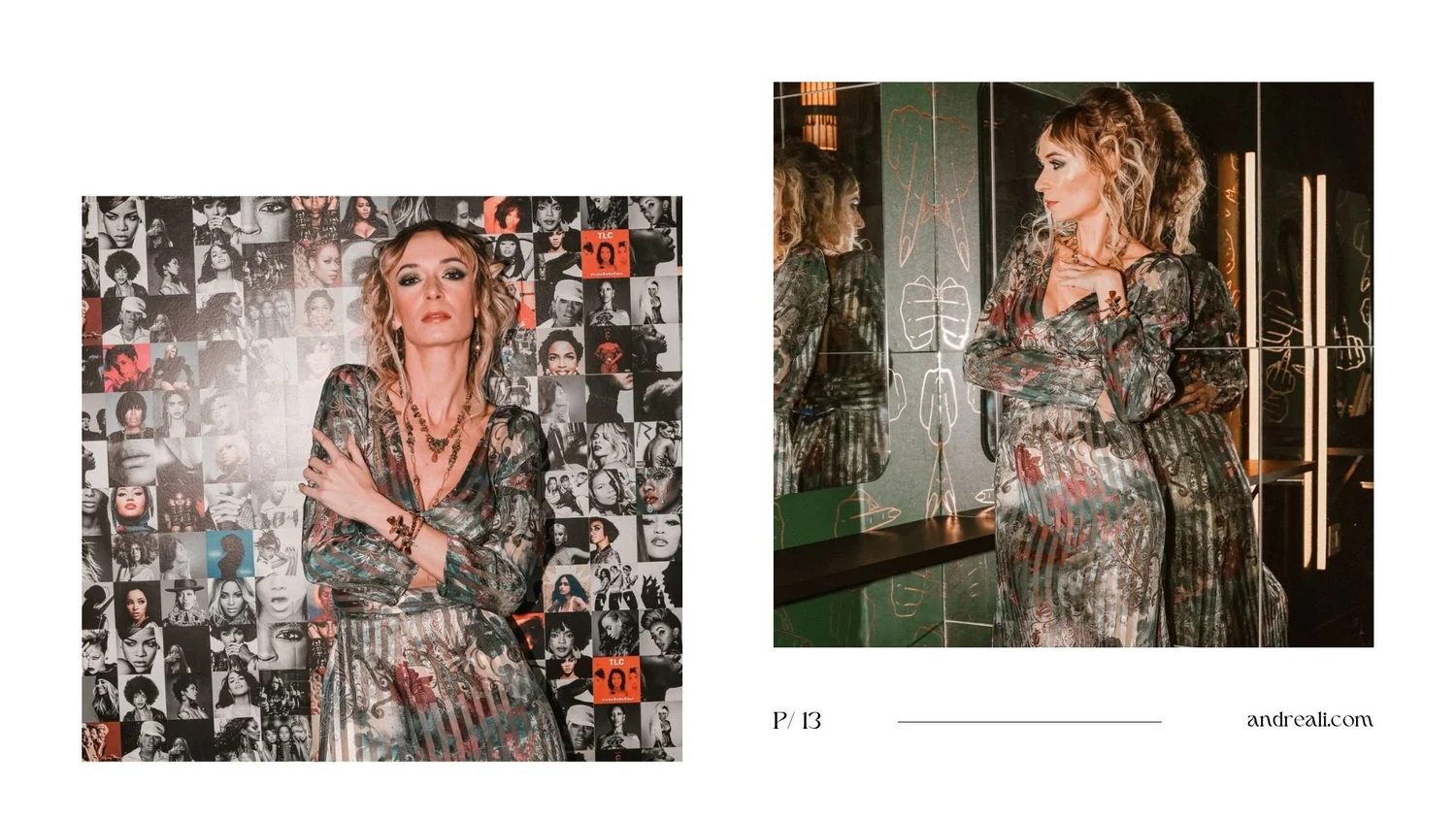 Orenda lookbook page P/13 featuring two photos of a model in a patterned dress wearing tourmaline jewelry, layered necklaces and stacked bracelets, posed against a collage wall and in a mirrored green room (andreali.com).