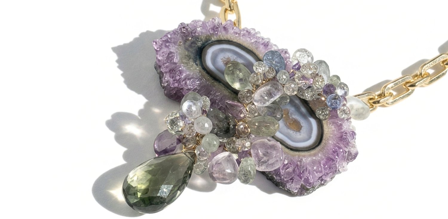 Close view of an Andrea Li amethyst stalactite pendant on a gold link chain: a slice with a blue-gray banded agate eye and a purple crystal rim, under a cluster of pale gemstones with a green teardrop