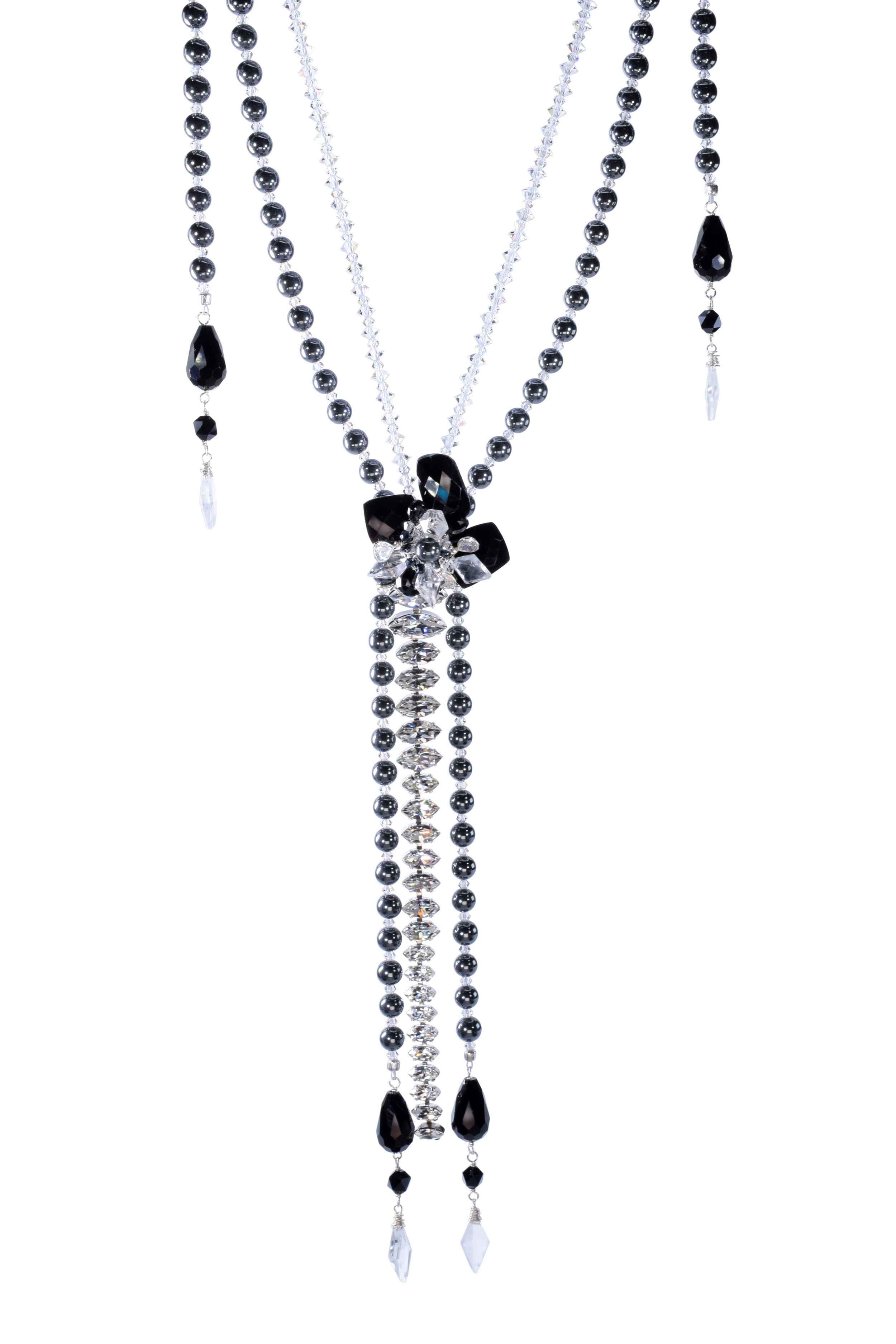 Long double strand black onyx and Swarovski crystal necklace with back detail