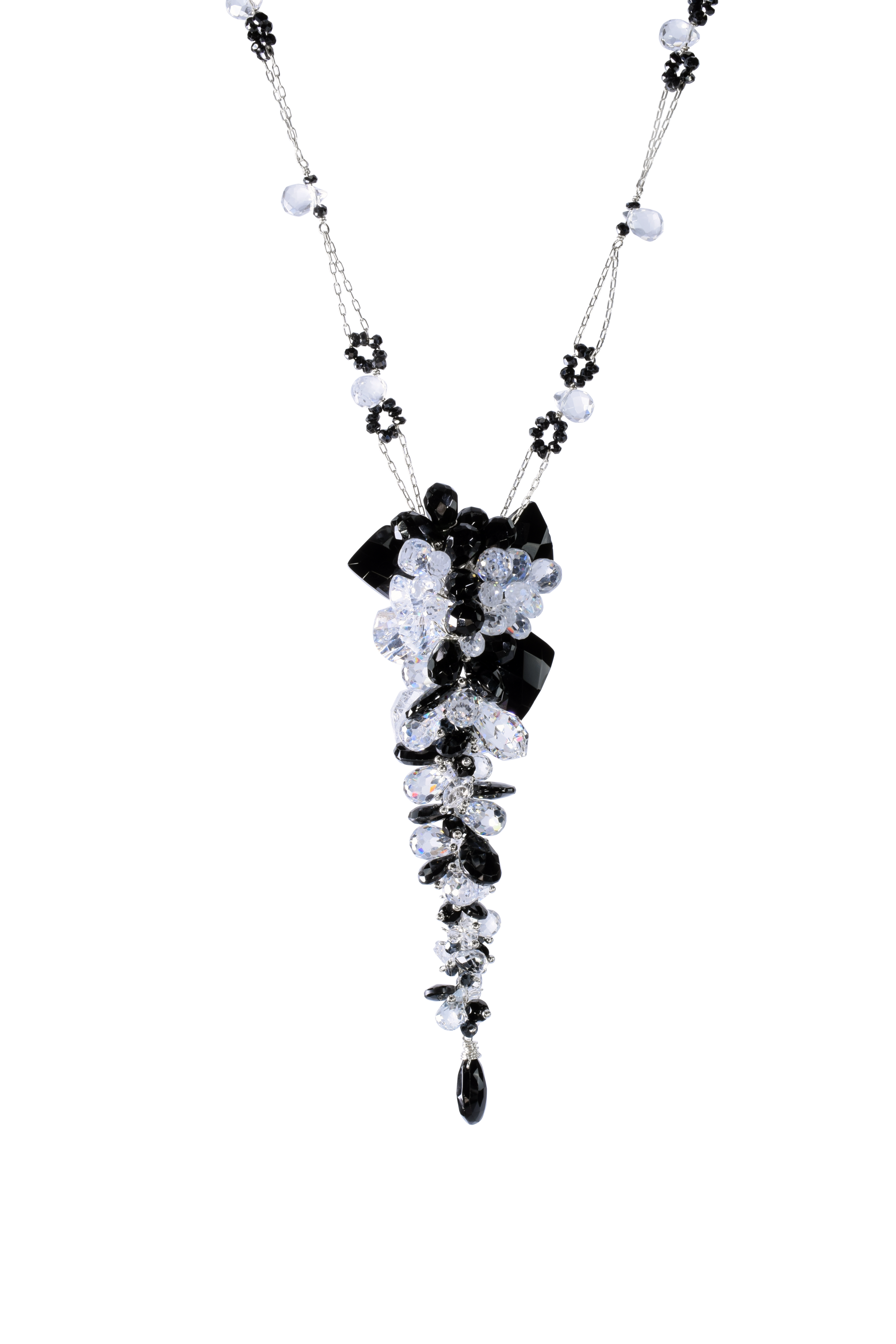 Black onyx Swarovski crystals, zirconia black spinel cluster drop necklace