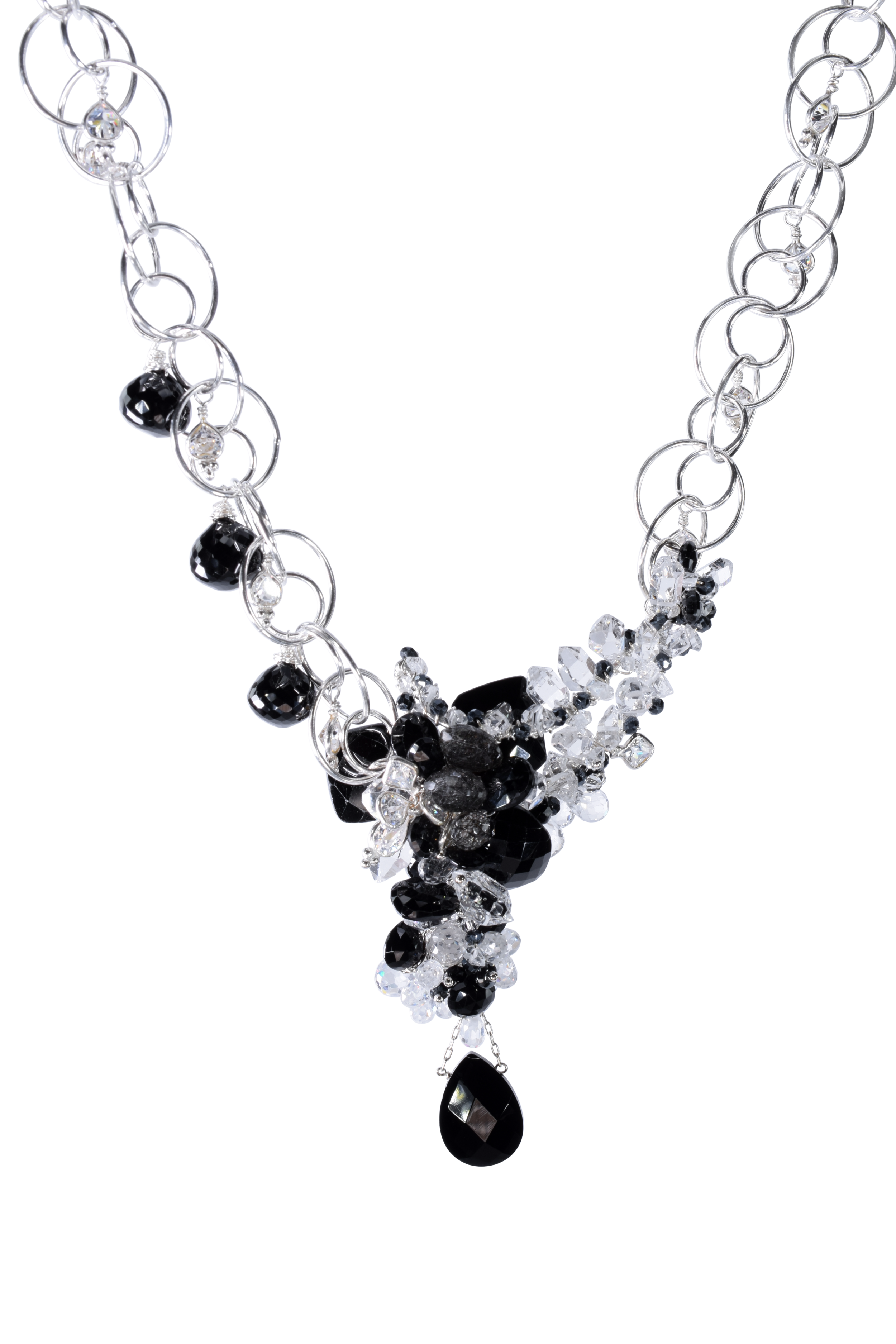 black onyx, herkimer diamond moss amethyst black spinel and zirconia and white topaz necklace