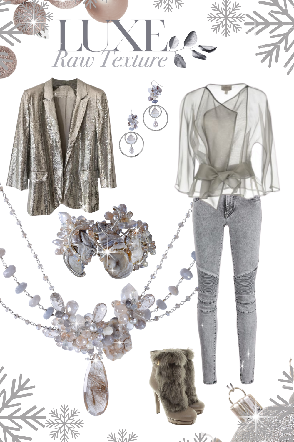 outfit with druzy and gemstone necklace, bracelet, and earrings