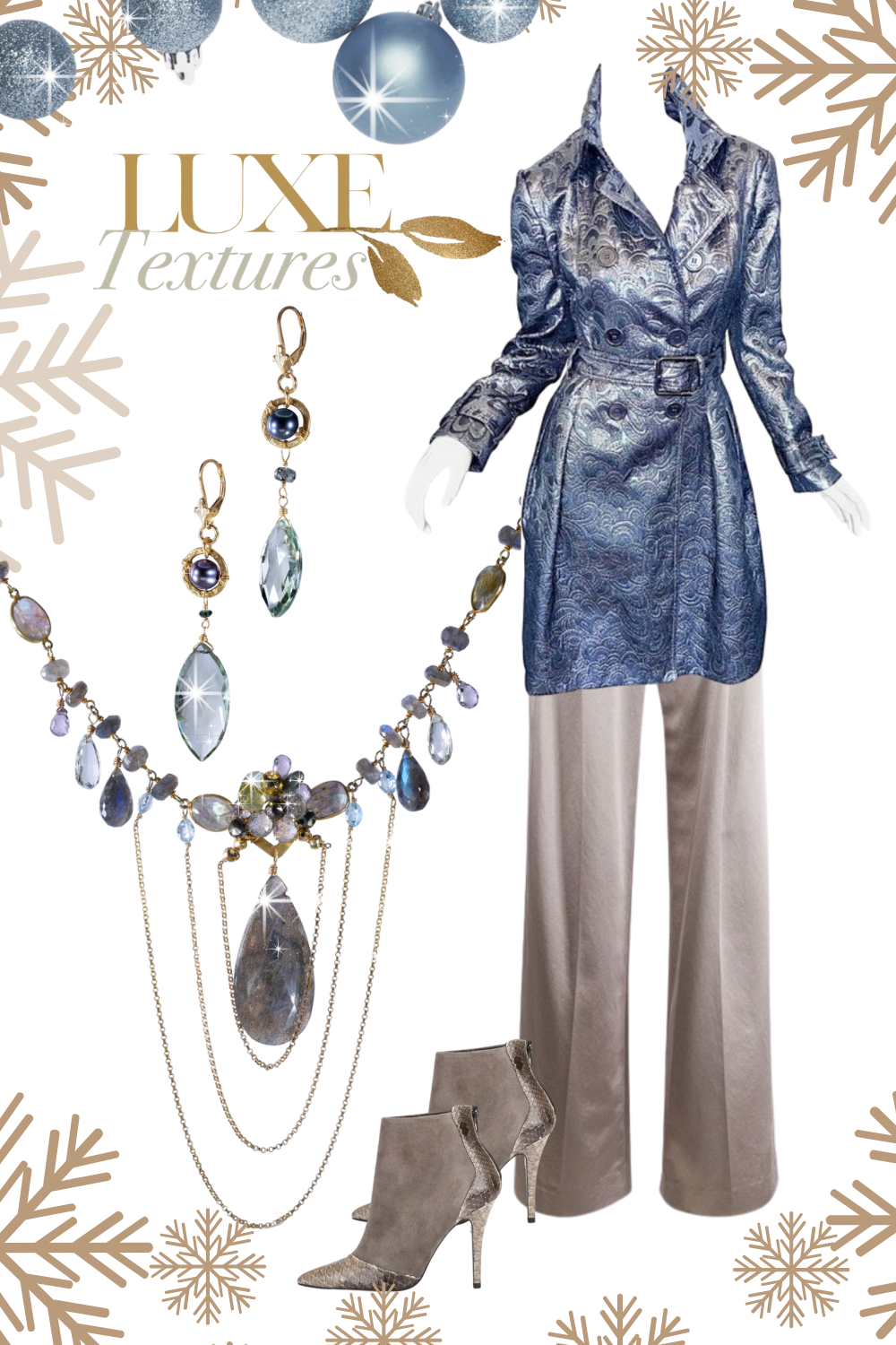 outfit with a labradorite statement necklace and green amethyst earrings