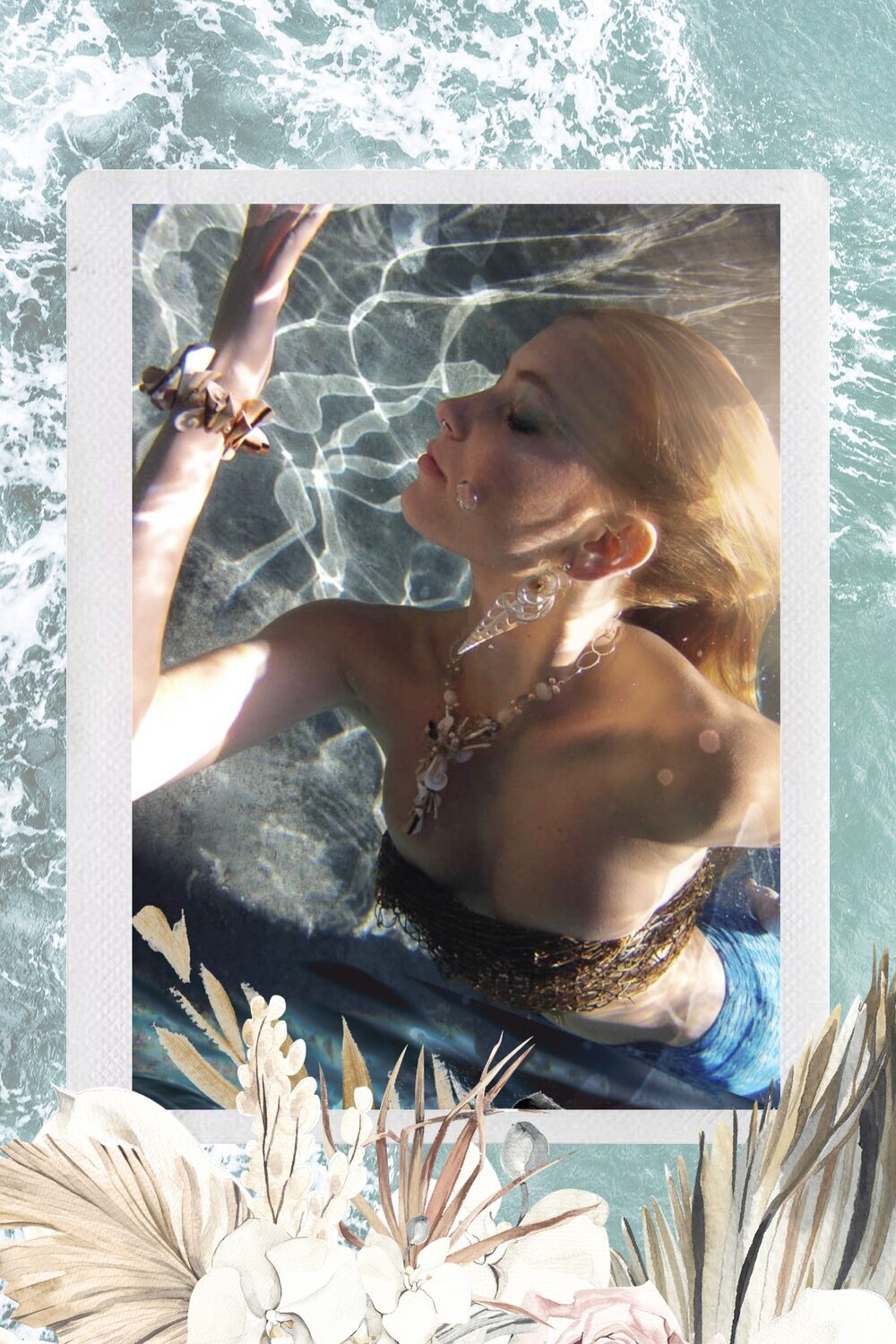 mermaid model wearing seashell jewelry