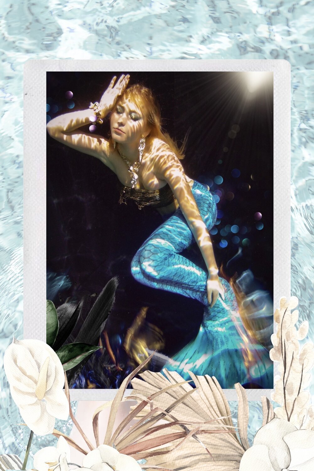 mermaid model wearing seashell jewelry