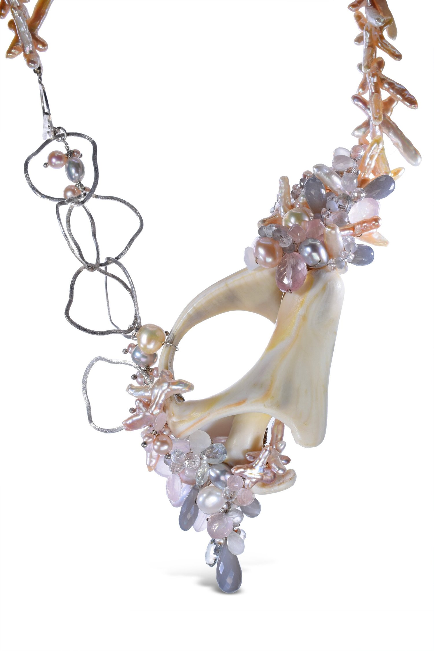 Natural Seashell Pendant Necklace with Gemstones and Pearls, by Andrea Li