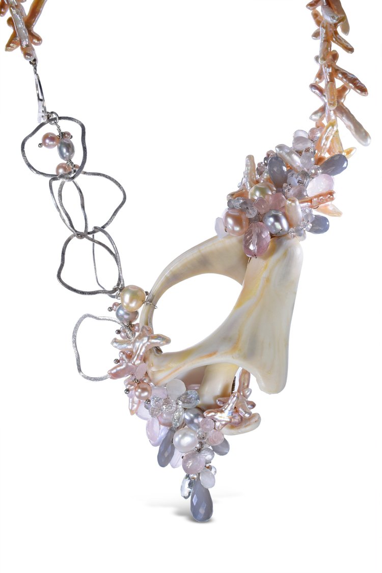 Natural Seashell Pendant Necklace with Gemstones and Pearls, by Andrea Li