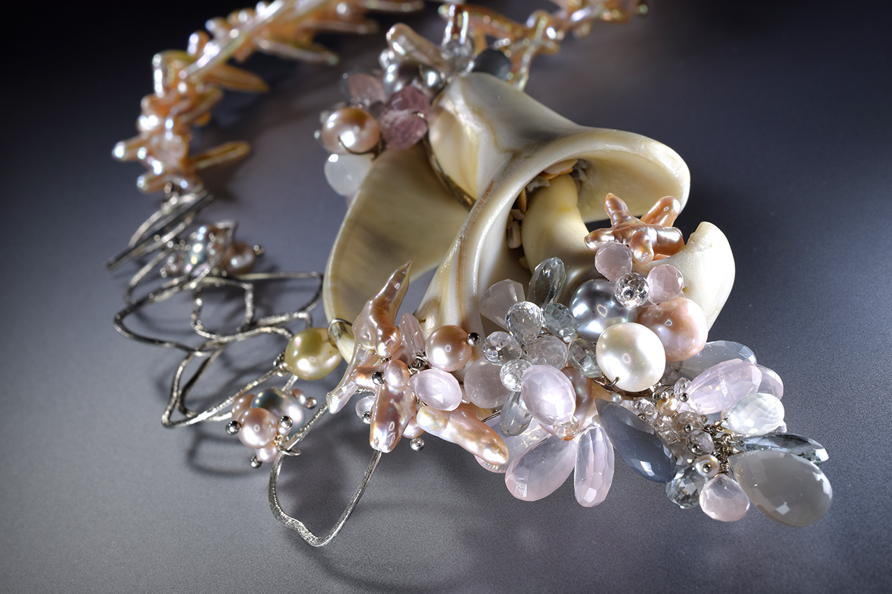 Natural Seashell Pendant Necklace with Gemstones and Pearls
