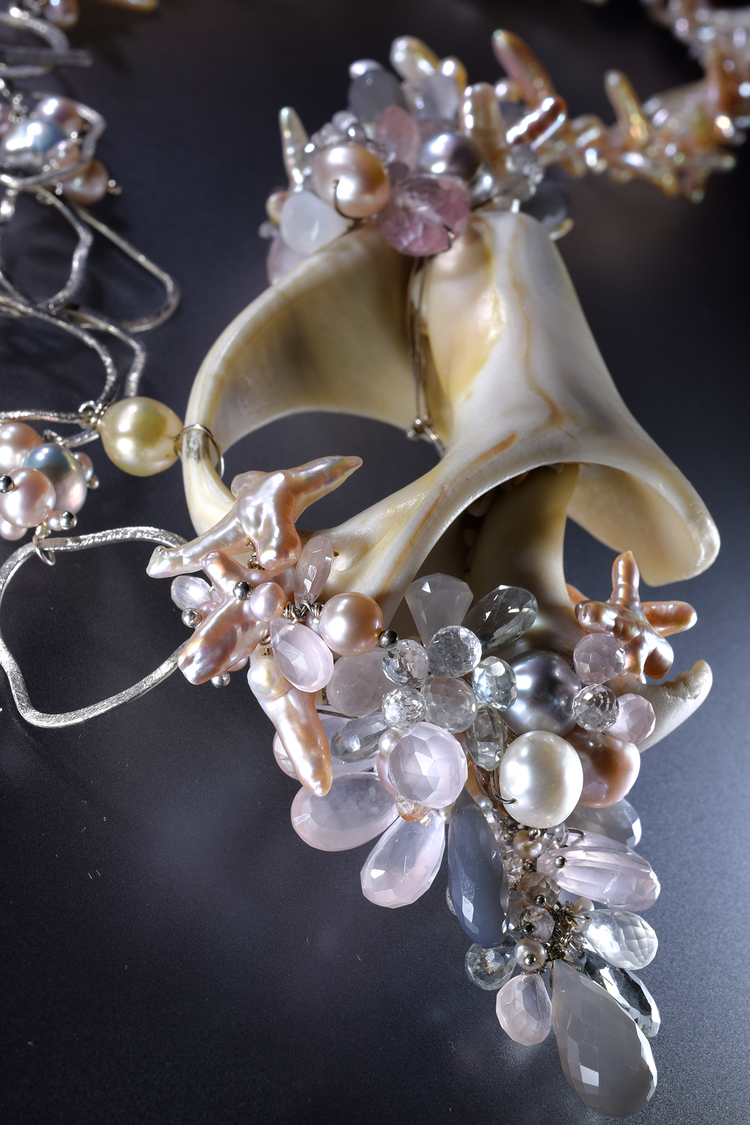 Natural Seashell Pendant Necklace with Gemstones and Pearls