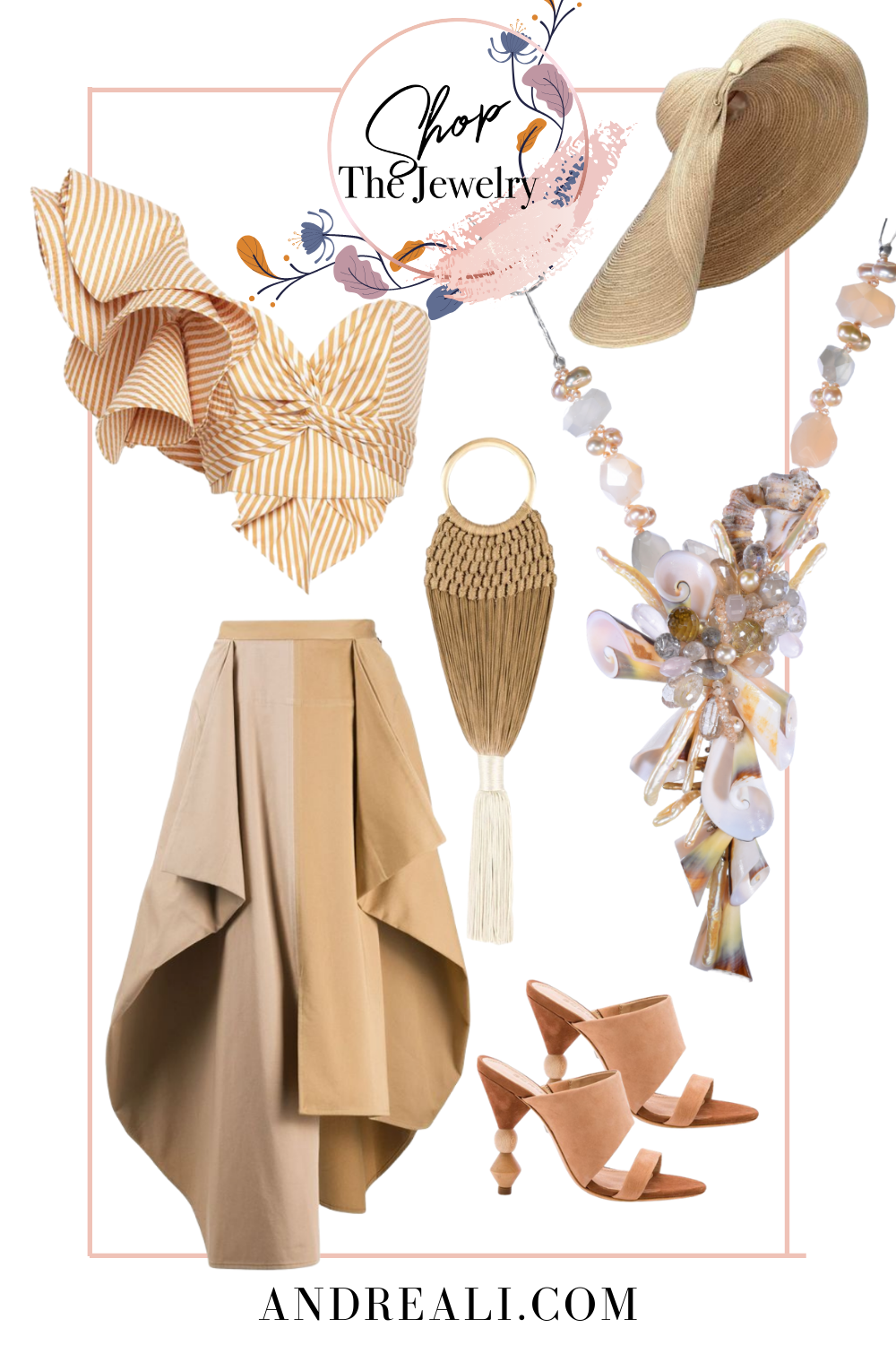 Summer outfit collages with featured jewelry from the Siren Collection