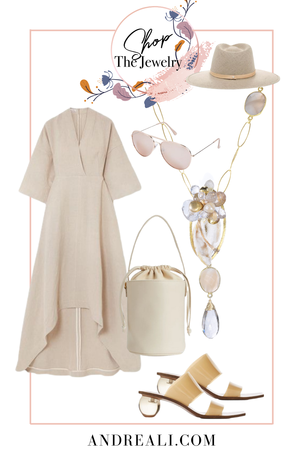 Summer outfit collages with featured jewelry from the Siren Collection