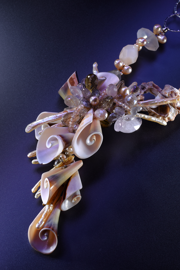 Seashell and Peach Moonstone Statement Necklace