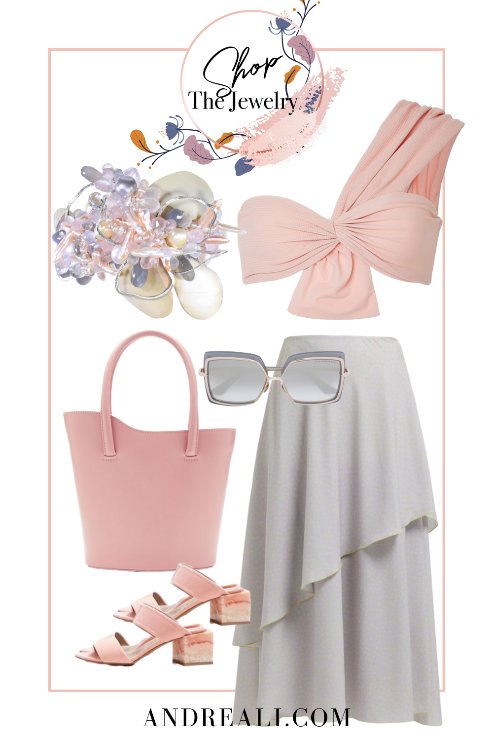 Summer outfit collage with featured jewelry from the Siren Collection