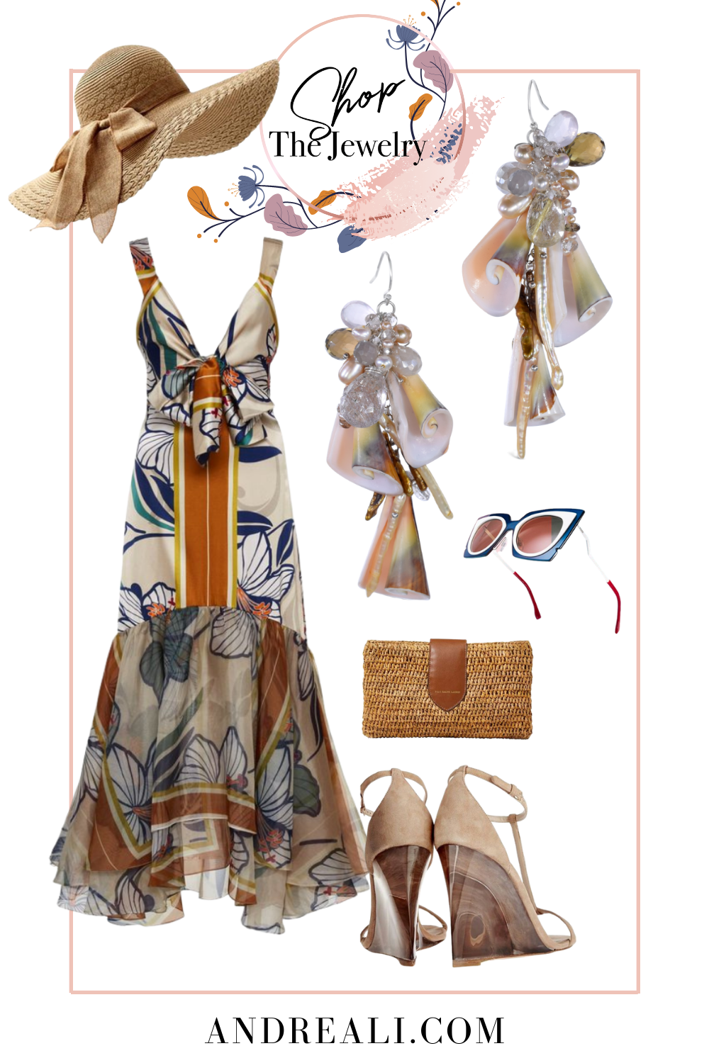 Summer outfit collage with featured jewelry from the Siren Collection