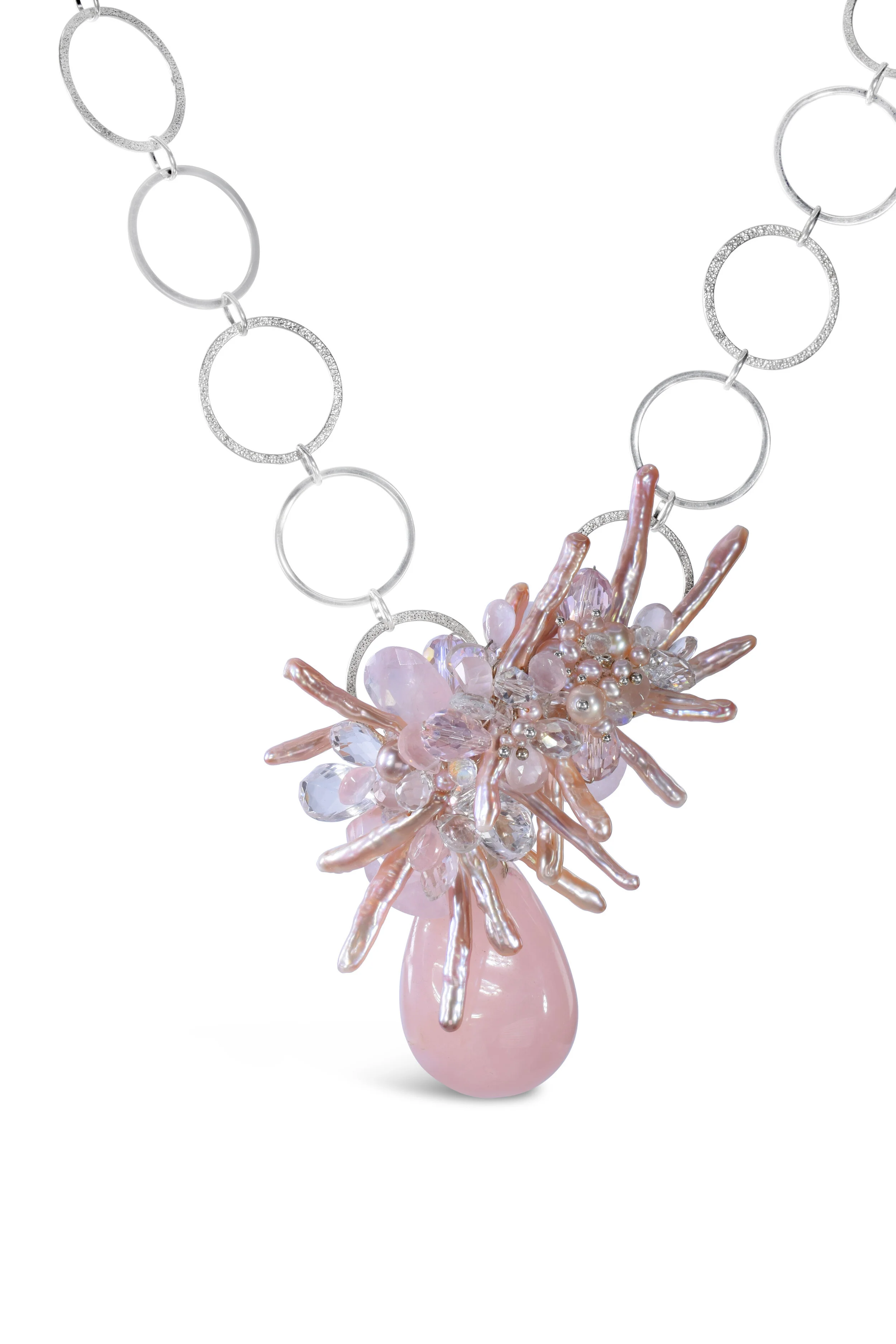Rose Quartz Pendant Necklace with Keshi Pearls