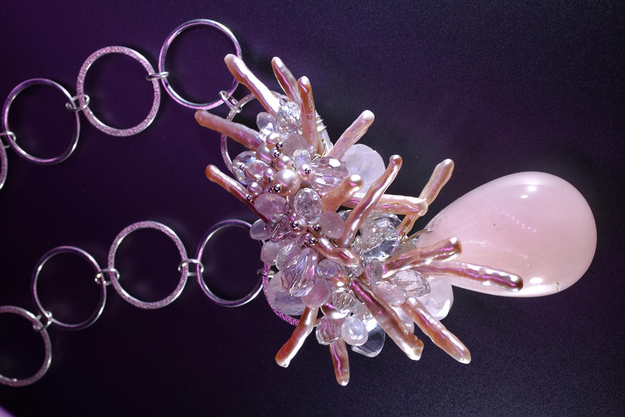Rose Quartz Pendant Necklace with Keshi Pearls