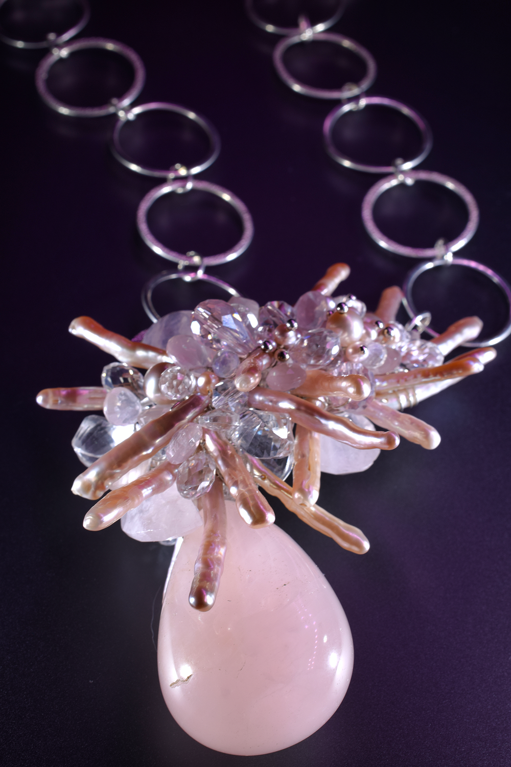 Rose Quartz Pendant Necklace with Keshi Pearls