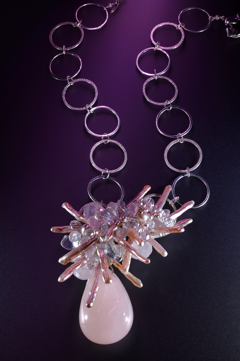 Rose Quartz Pendant Necklace with Keshi Pearls