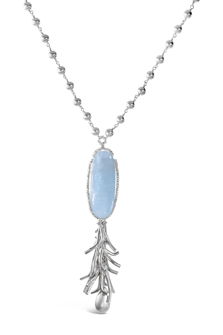 Aquamarine Pendant Necklace with Fine Silver Tassel, by Andrea Li