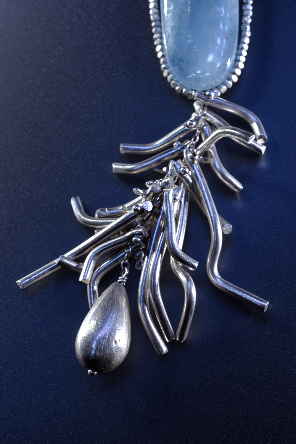 Aquamarine Pendant Necklace with Fine Silver Tassel