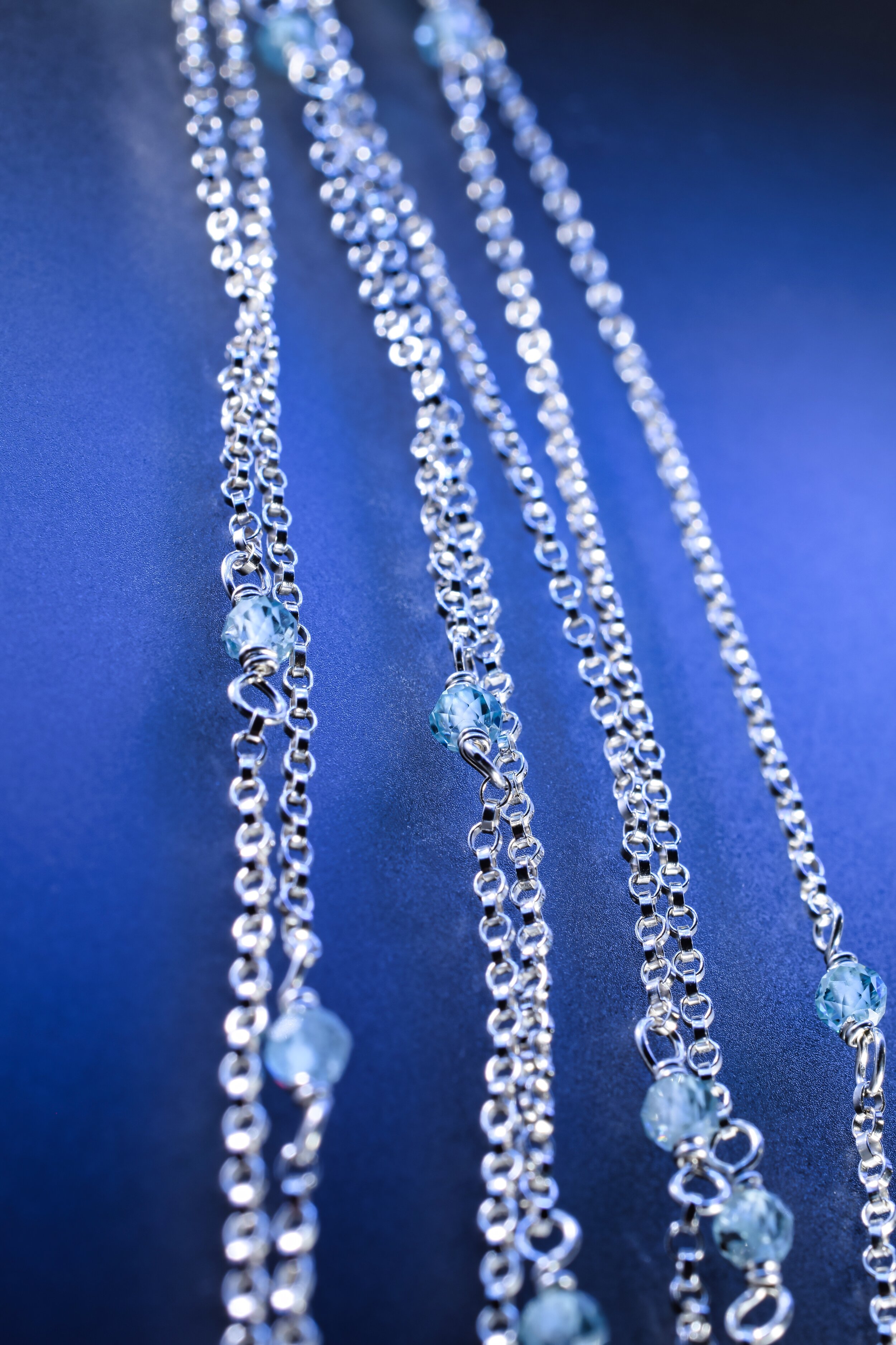 Long Opera Length Multi Silver Chain Necklace with Aquamarine and Spinel