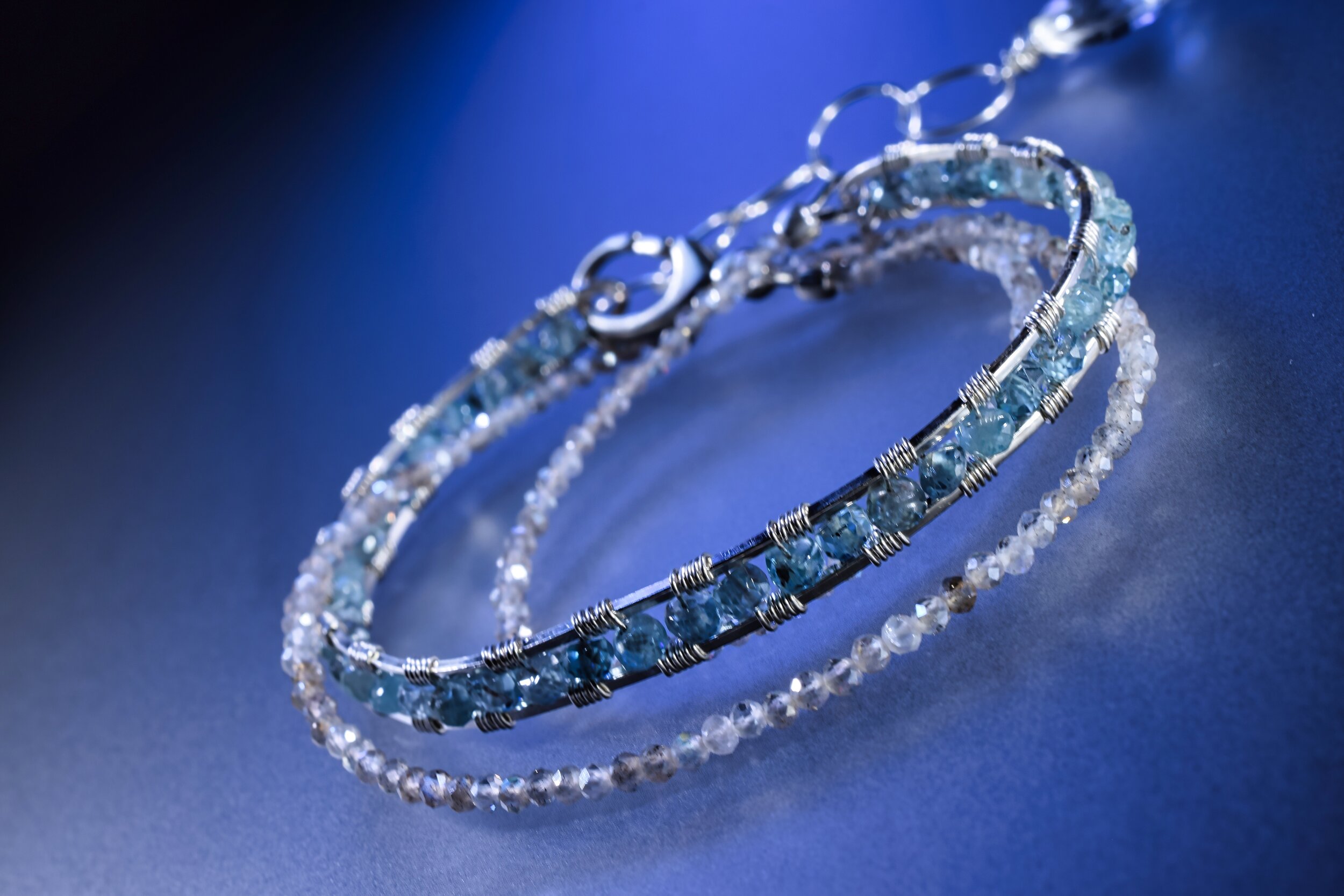 Blue Zircon and Labradorite Sterling Silver Wrap Bracelet