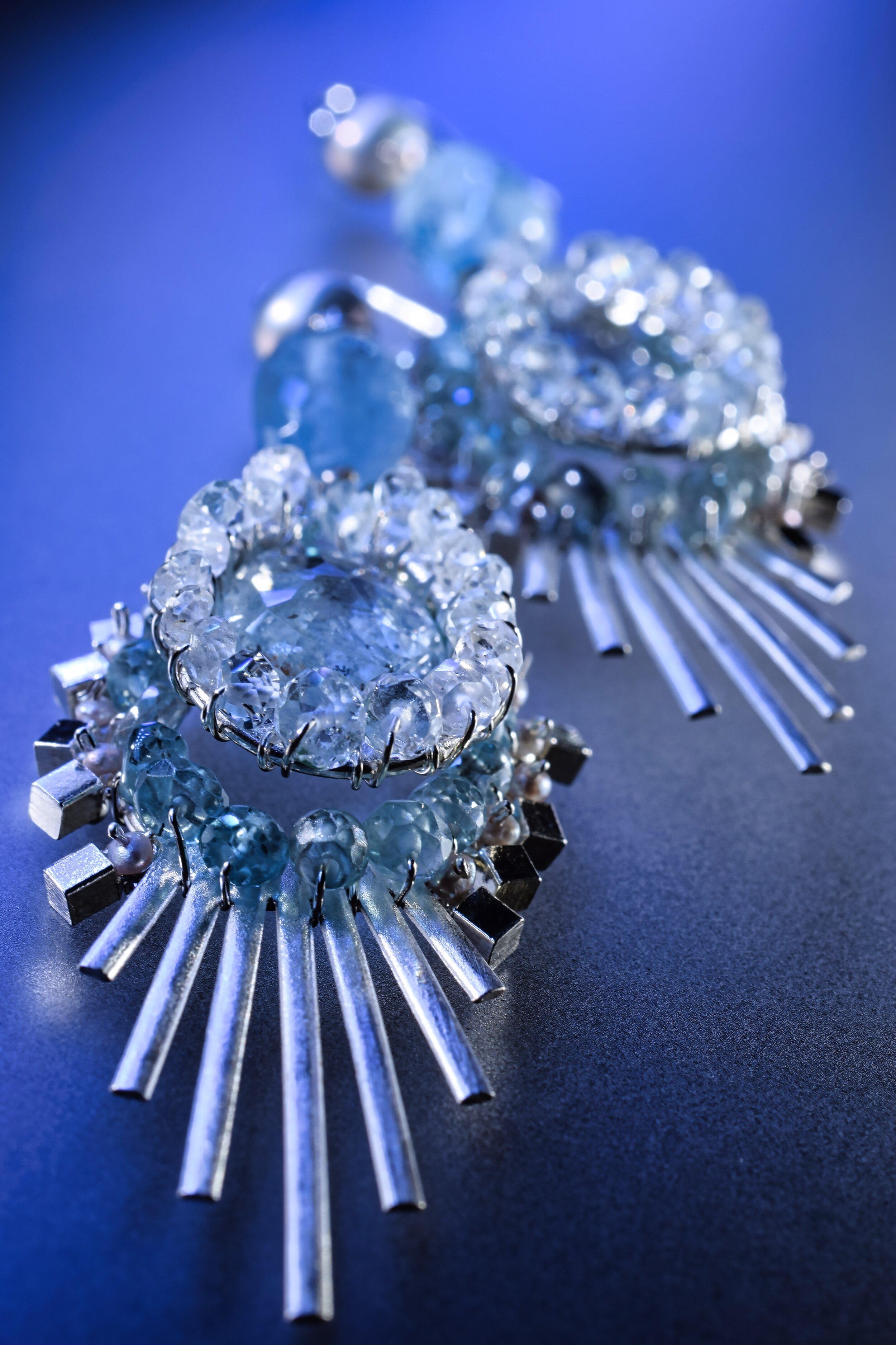 Art Deco Aquamarine and Zircon Statement Earrings
