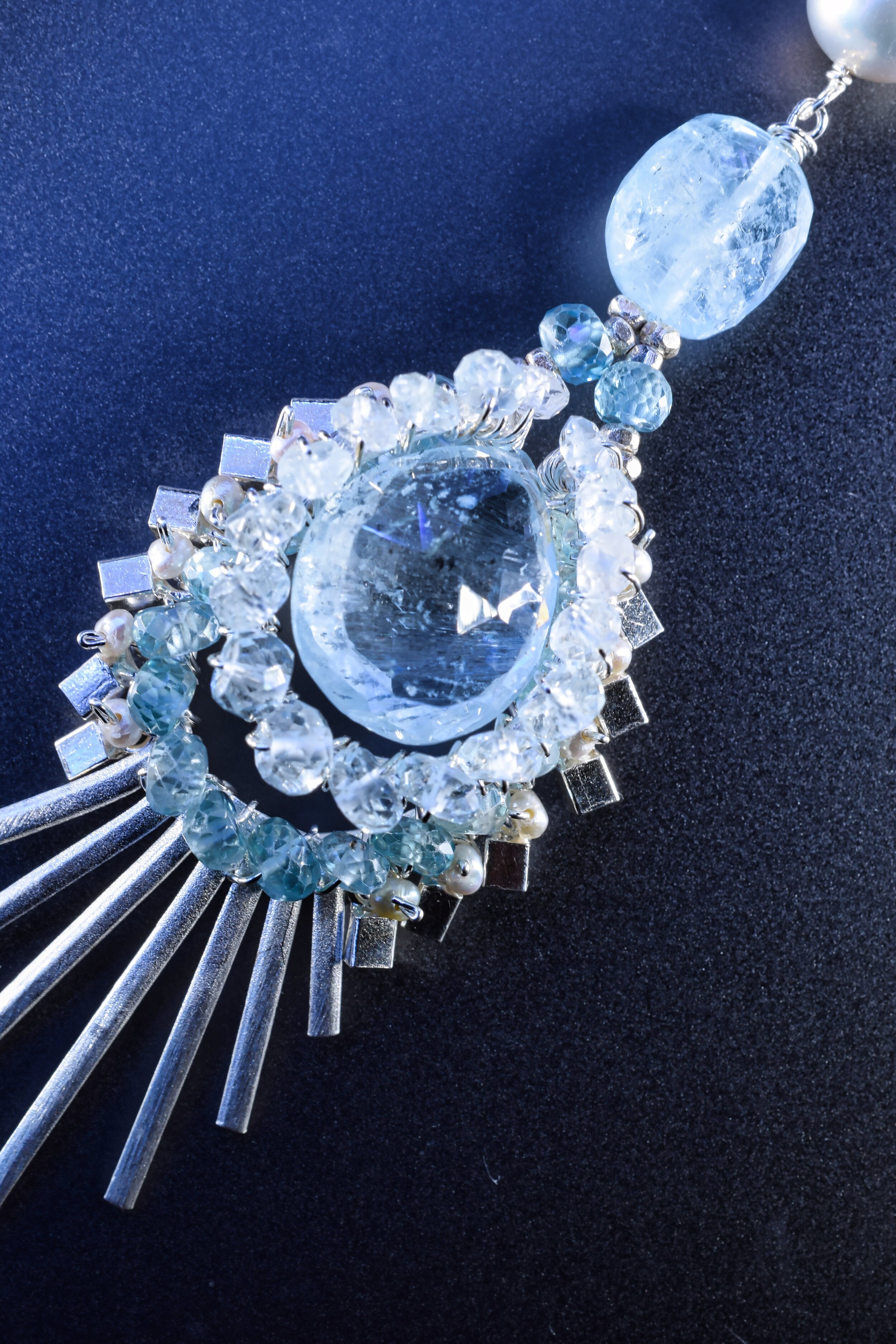 Art Deco Aquamarine and Zircon Pendant Necklace