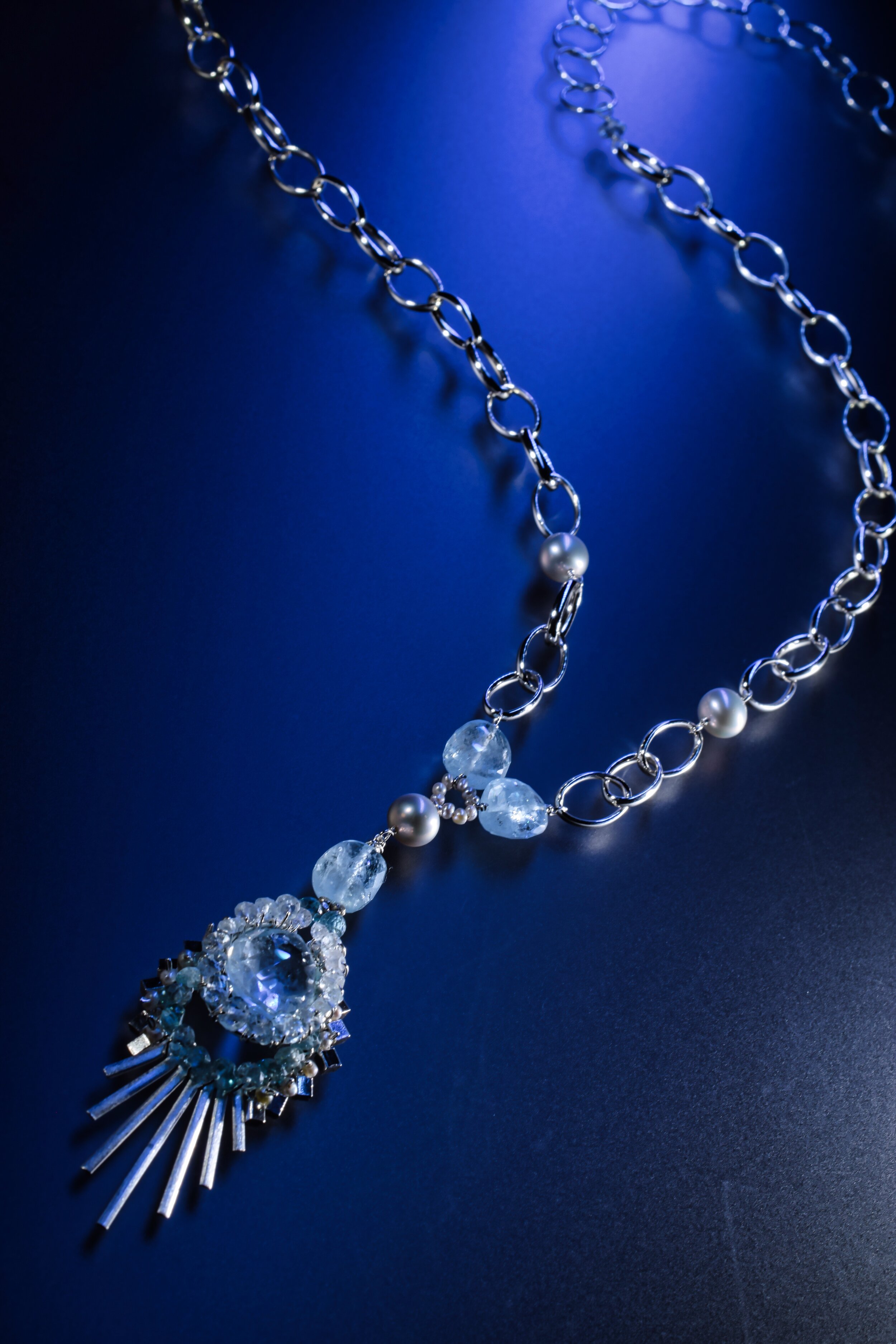 Art Deco Aquamarine and Zircon Pendant Necklace
