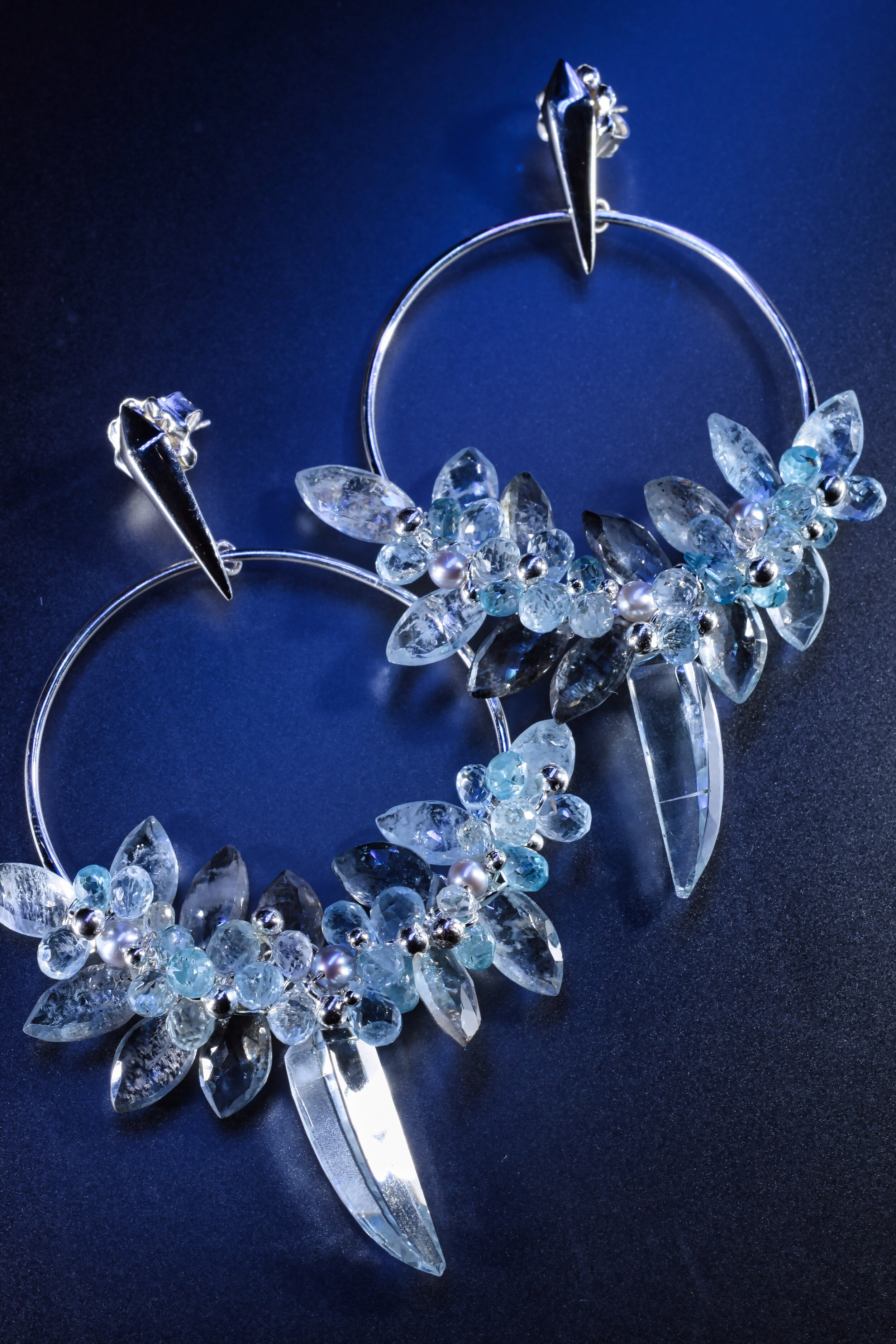 Sterling Silver Marquis Copper Aquamarine Hoop Earrings