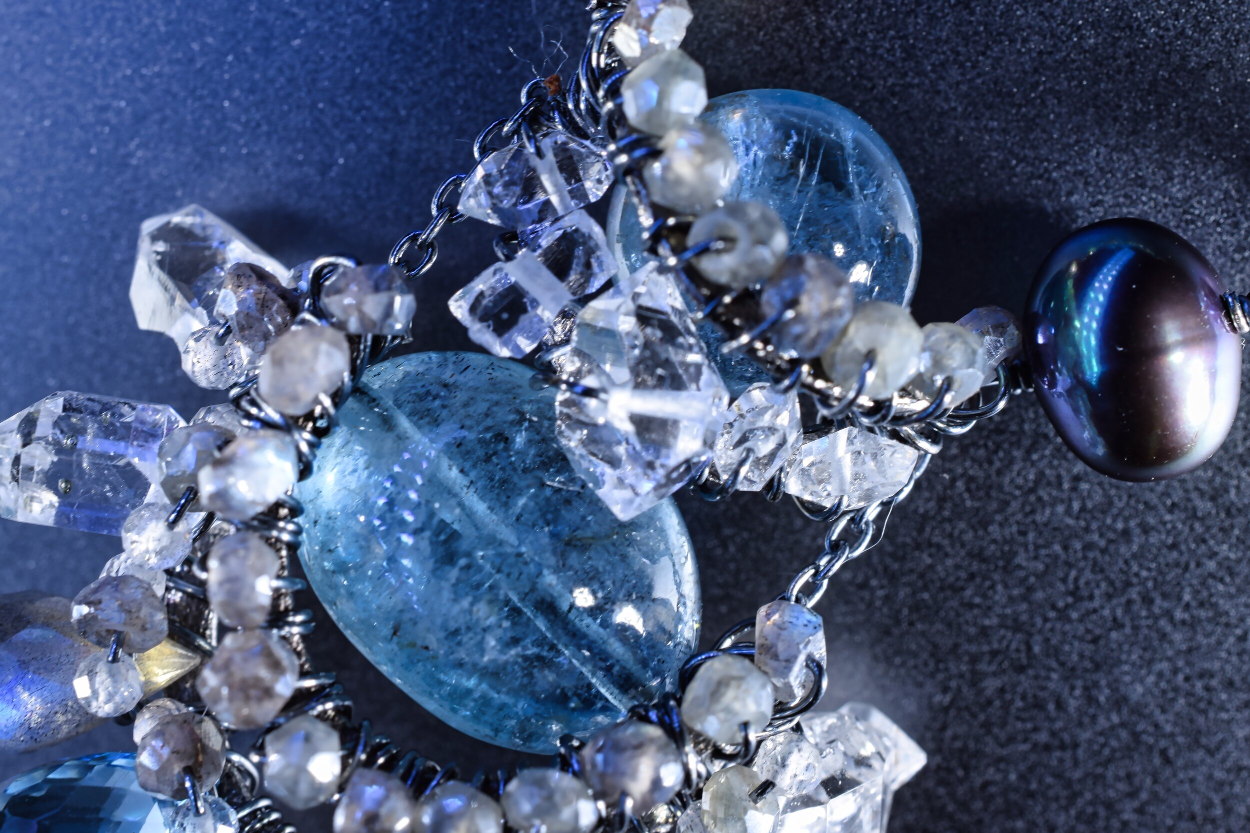 Large Aquamarine Teardrop Oxidized Sterling Silver Pendant Necklace