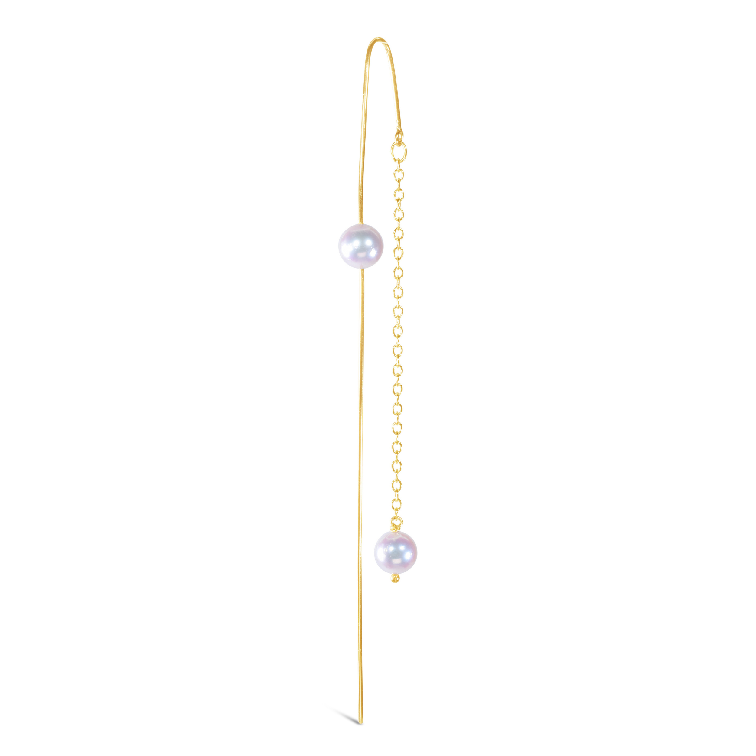 14K Long Ear Threader with Chain and Two Pearls