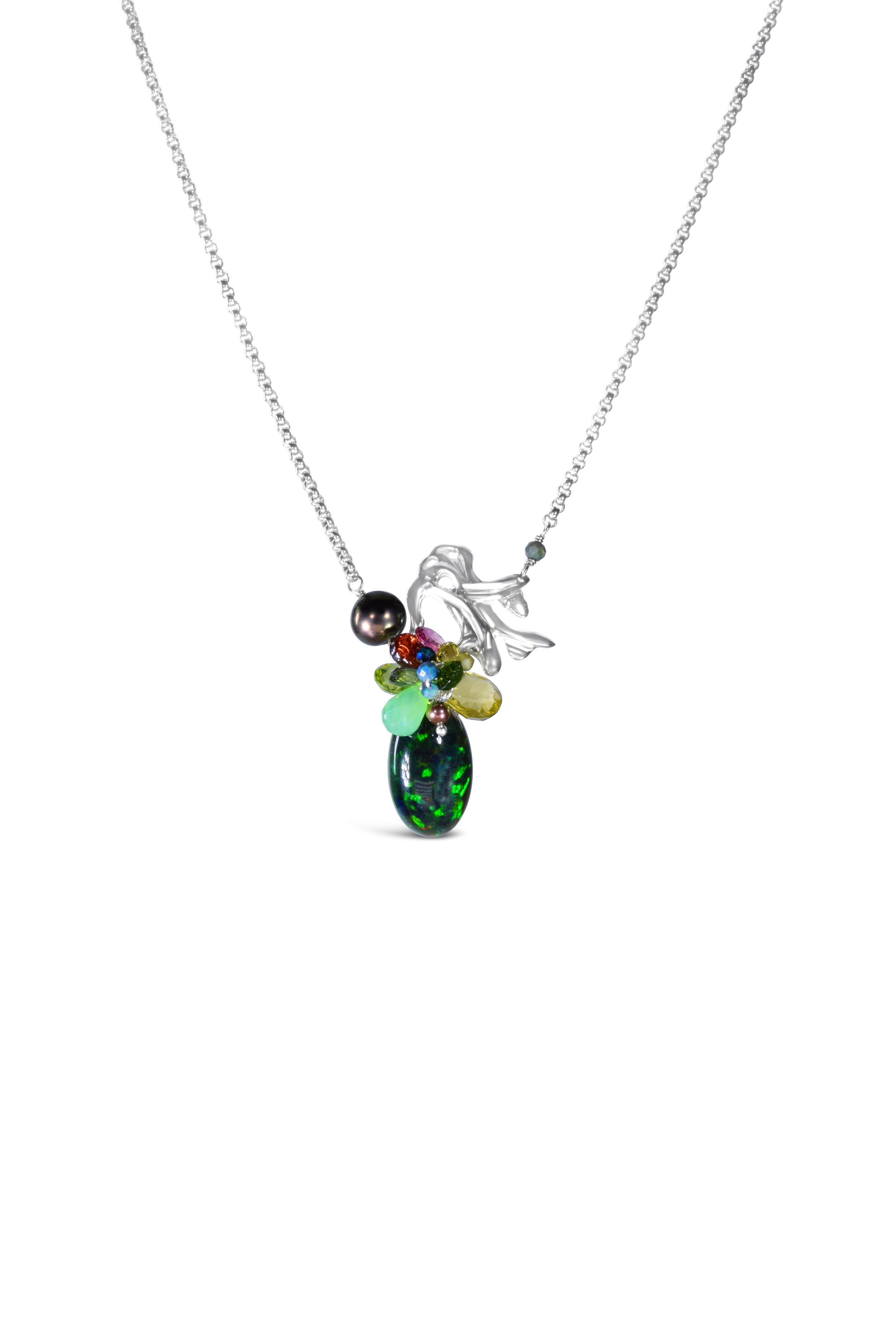 Black opal and 14k white gold necklace
