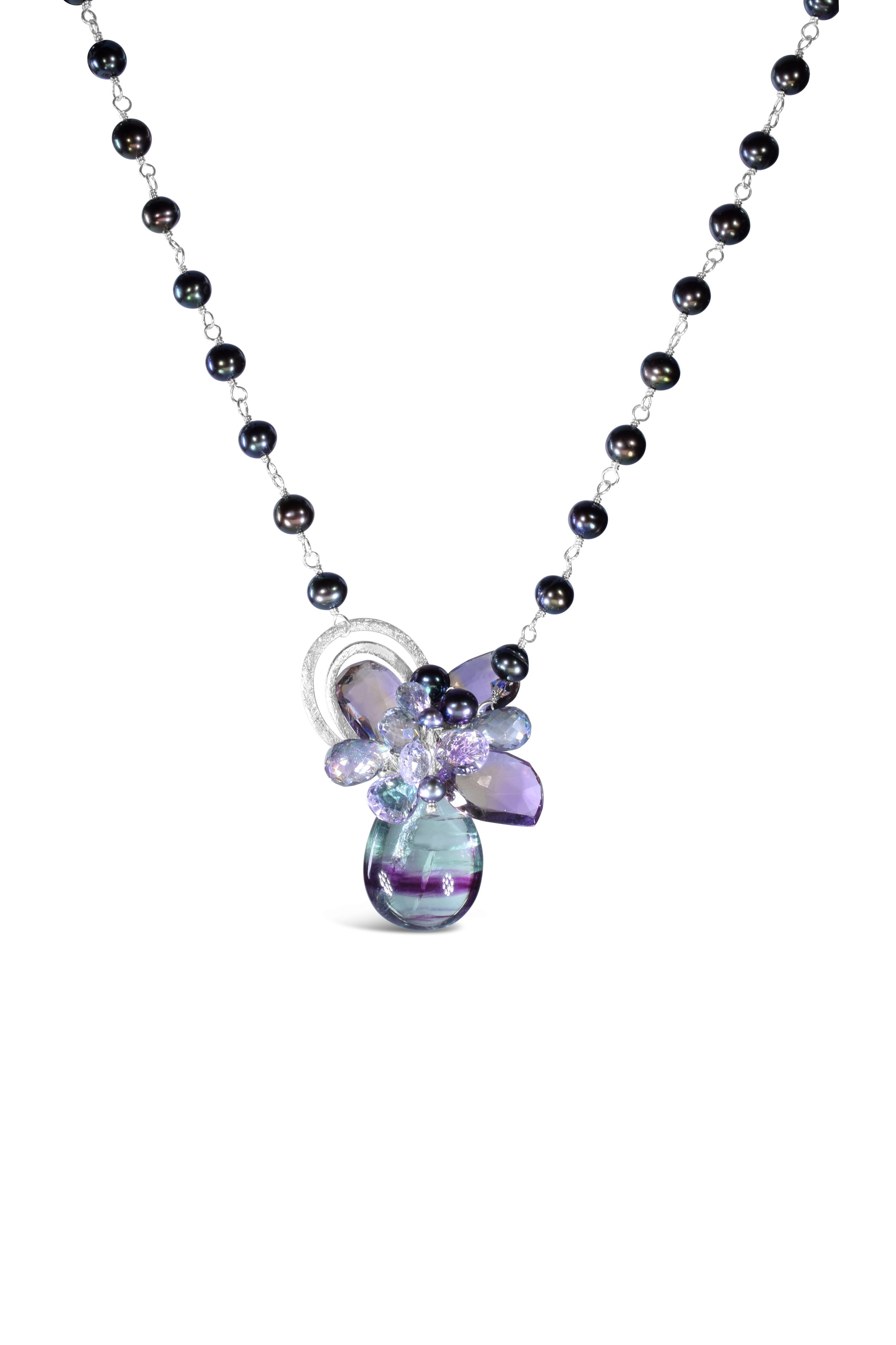 amethyst, fluorite, pearl and mystic topaz pendent necklace with sterling silver