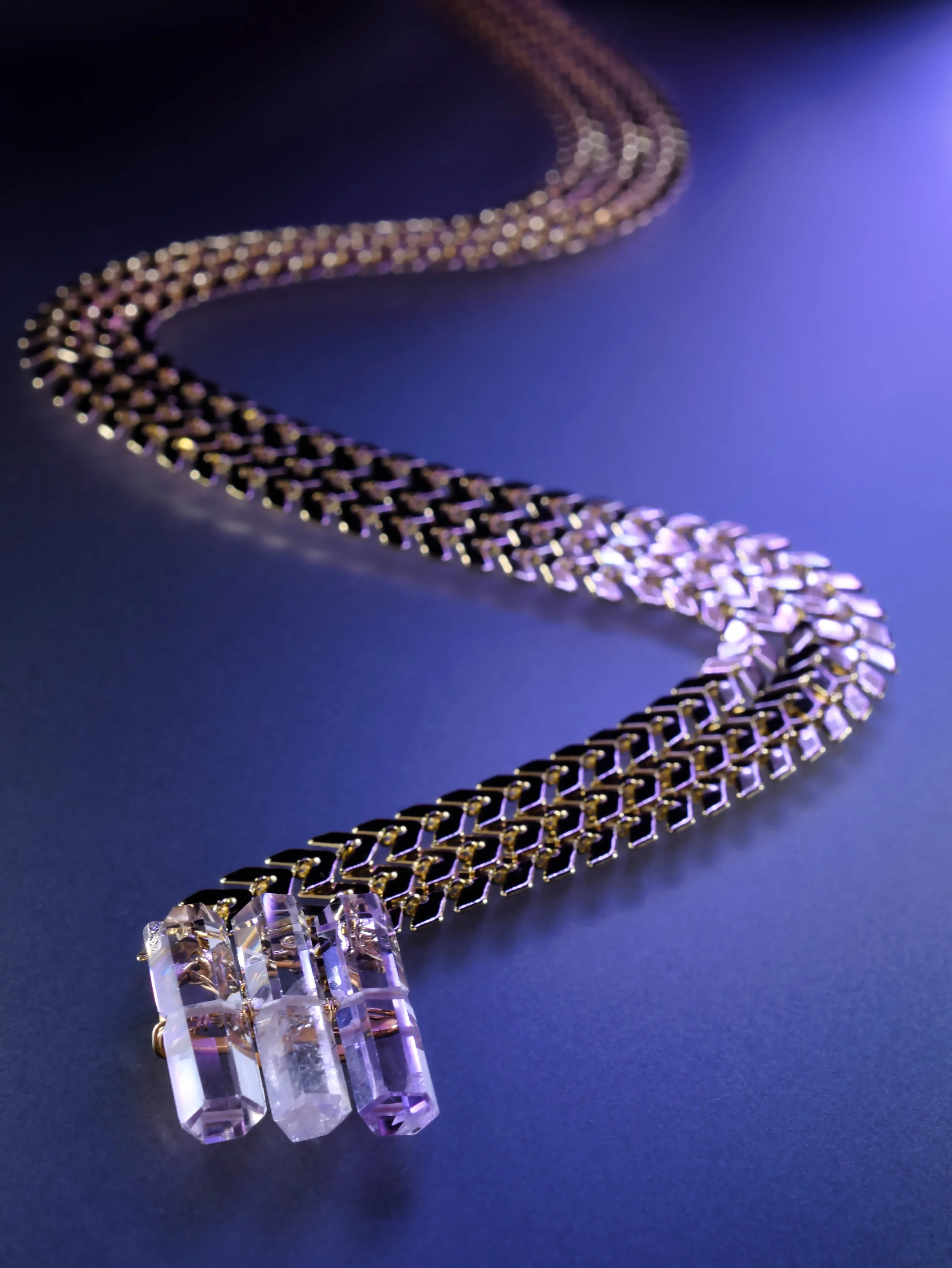 statement necklace featuring purple amethyst and 14k gold-filled components