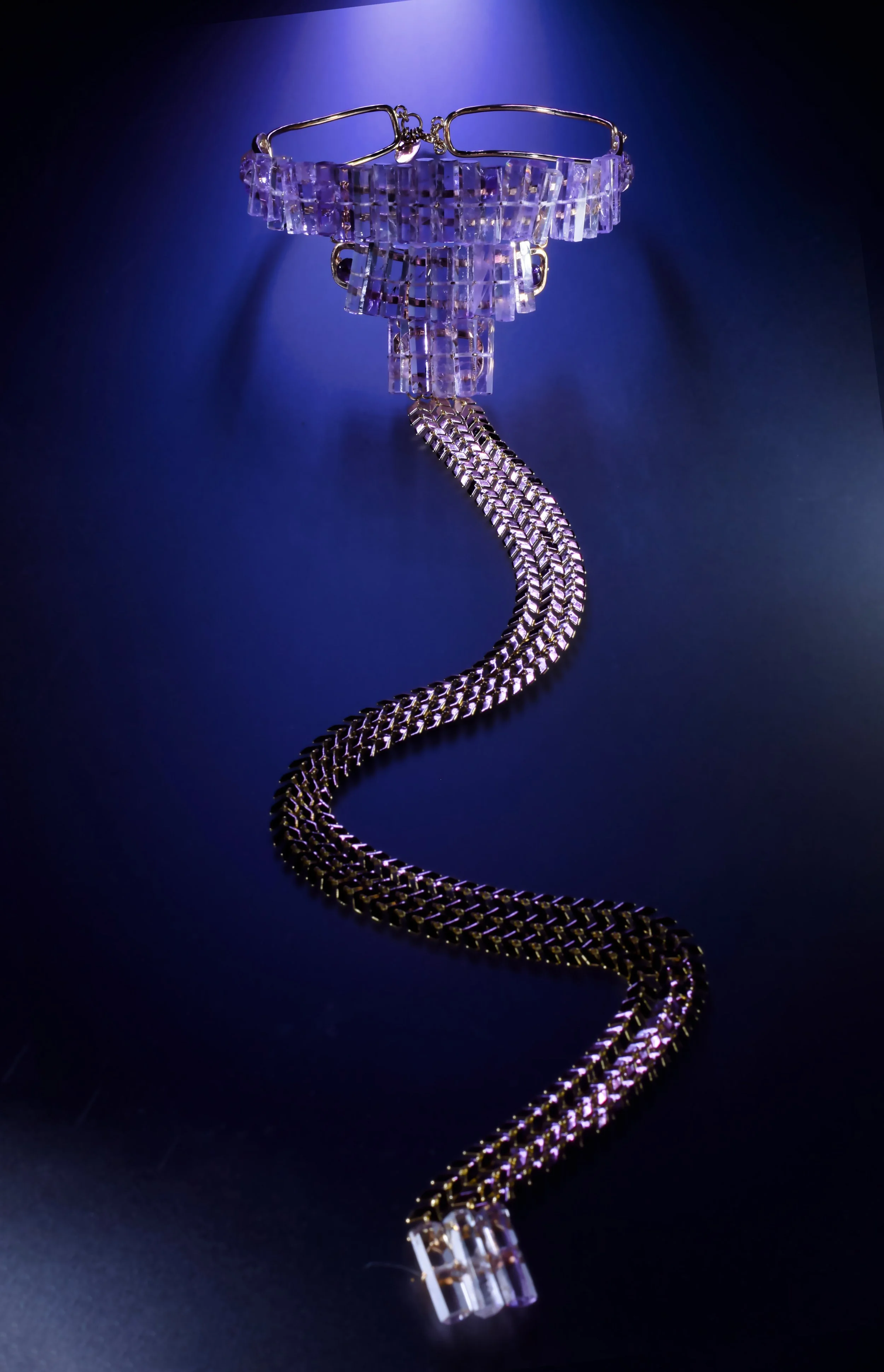 amethyst gemstone choker necklace by Andrea Li with gold chevron chain drop