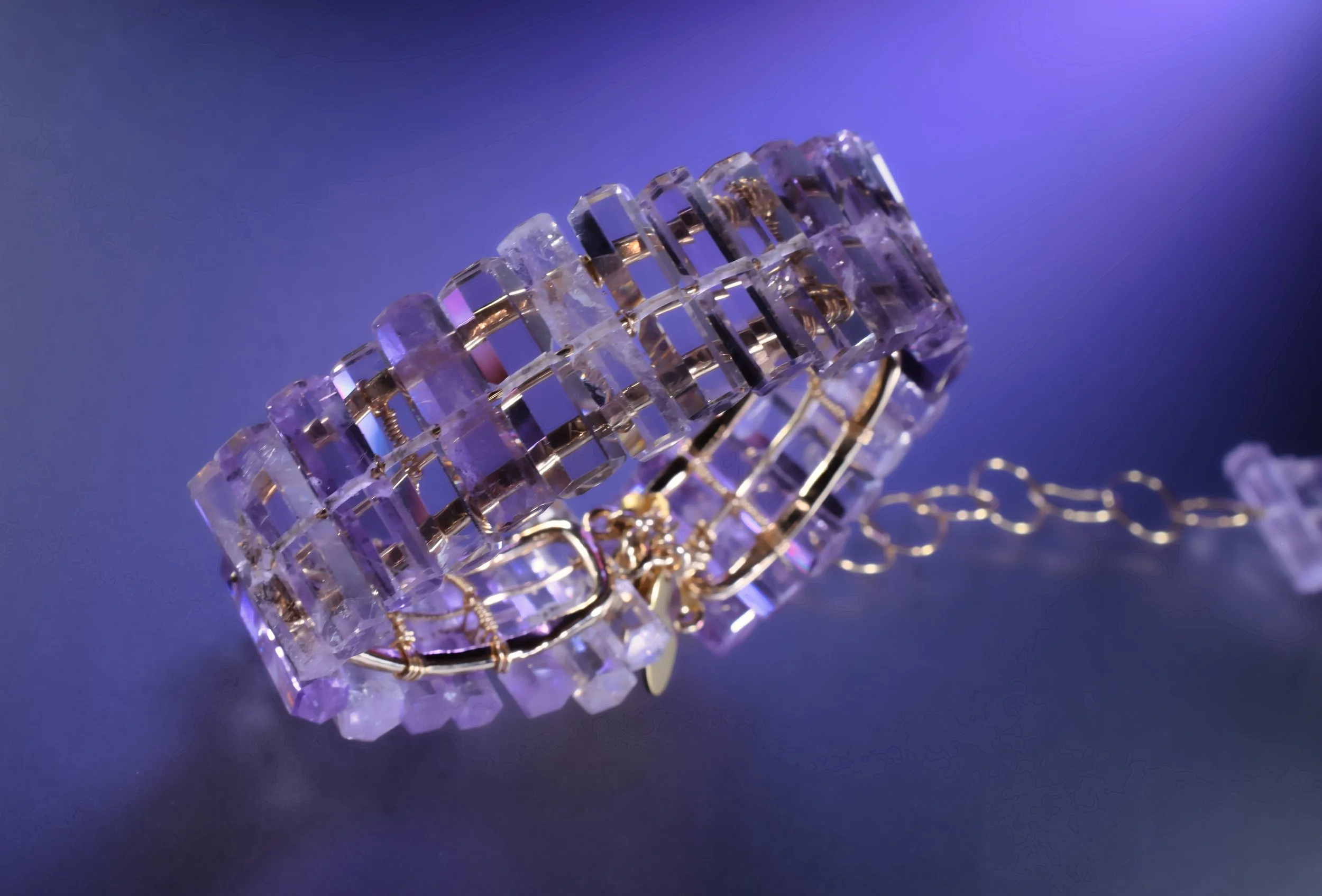 gold vermeil statement cuff with link chain and purple amethyst