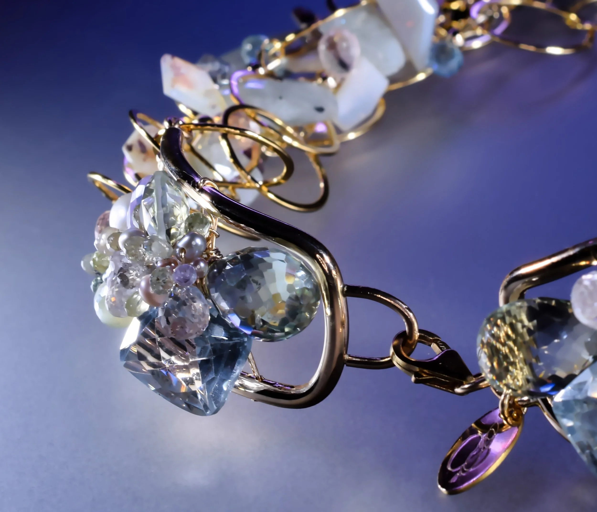 gold frame necklace clasp with pastel gemstones