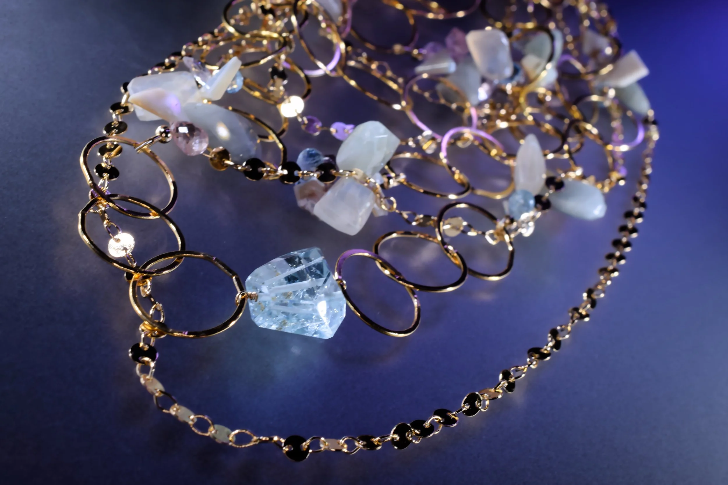 blue topaz pendant gemstone as an accent to a multi-strand necklace