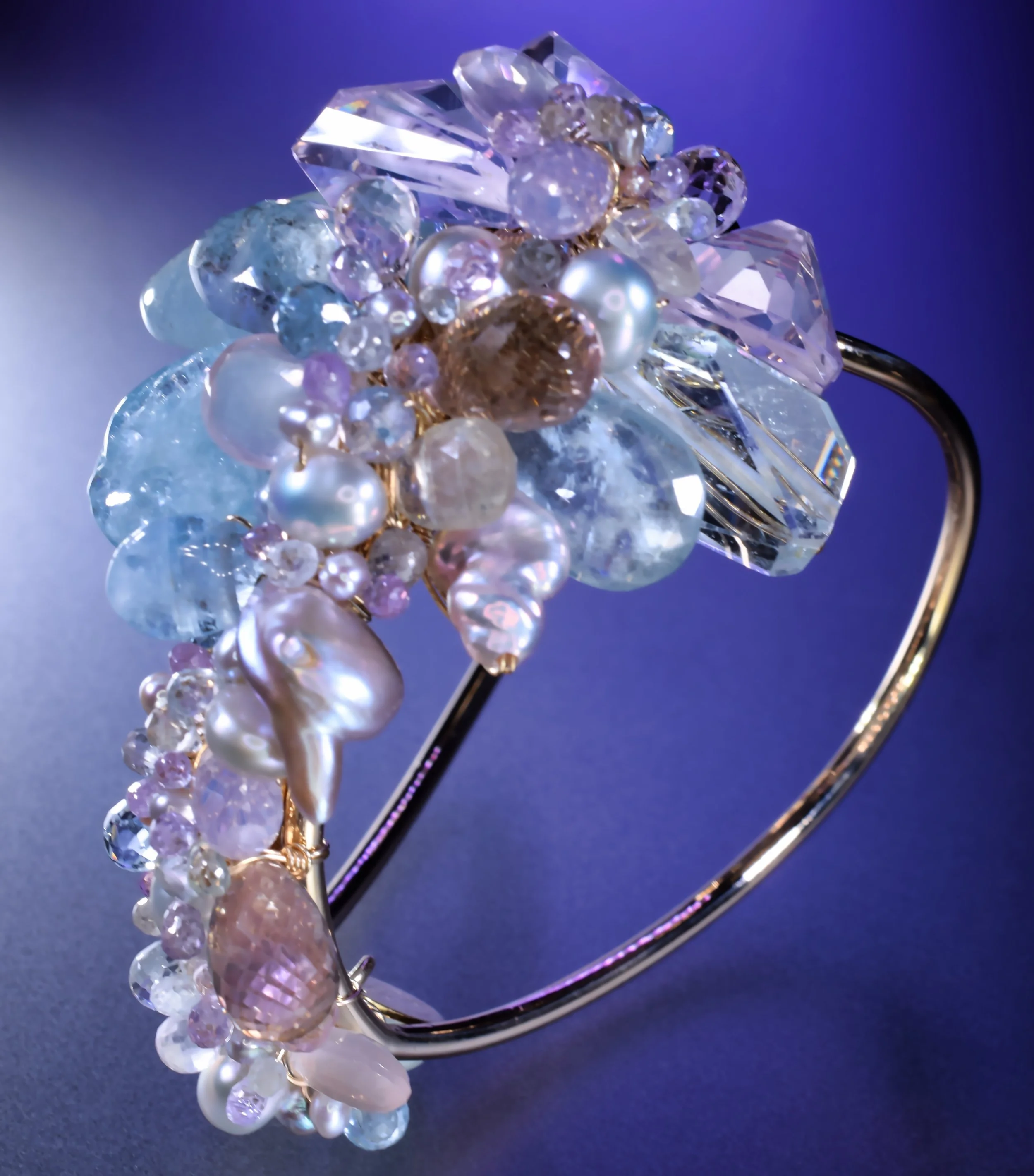 Pastel gemstone cuff bracelet with scorolite and moss aquamarine