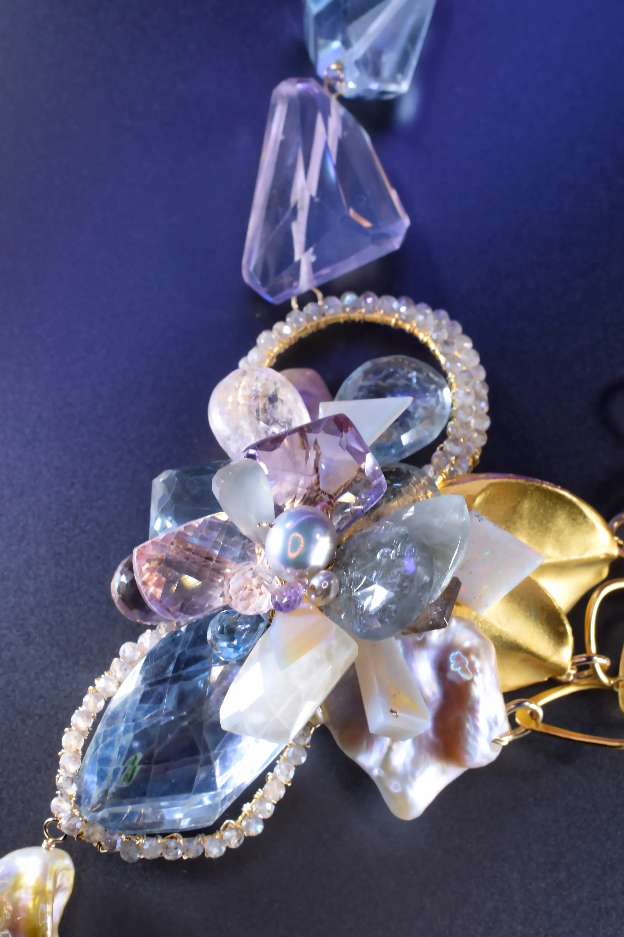 Statement necklace with baroque pearls, aquamarine, and opal