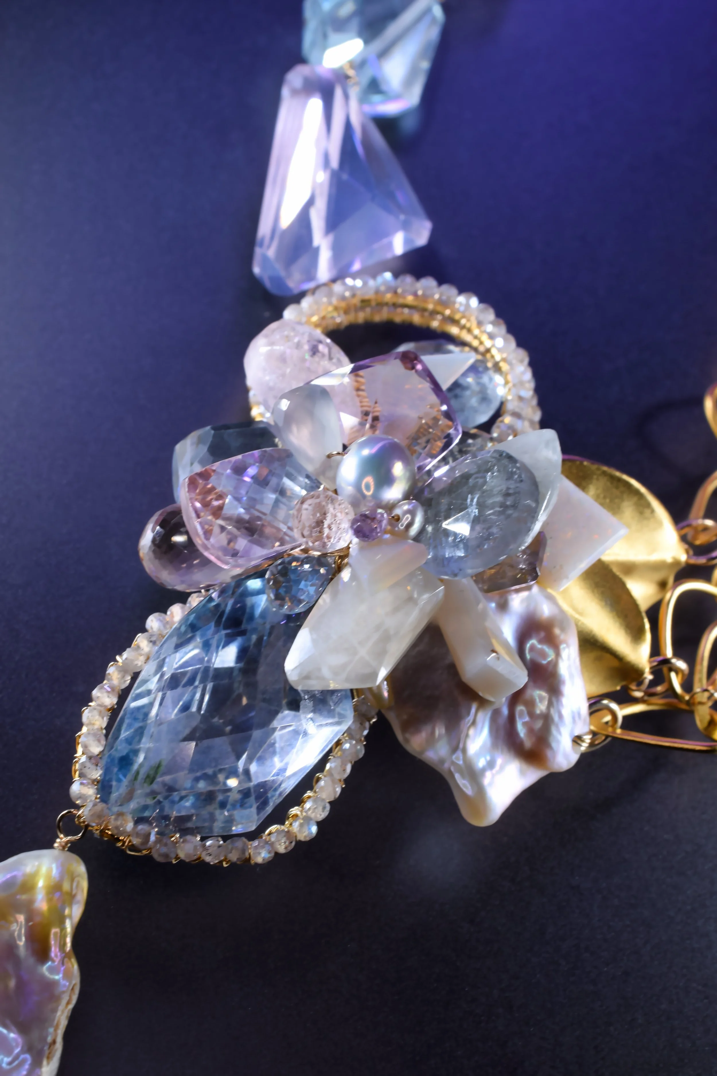 Mixed media handcrafted necklace with gold vermeil leaves and gemstone cluster